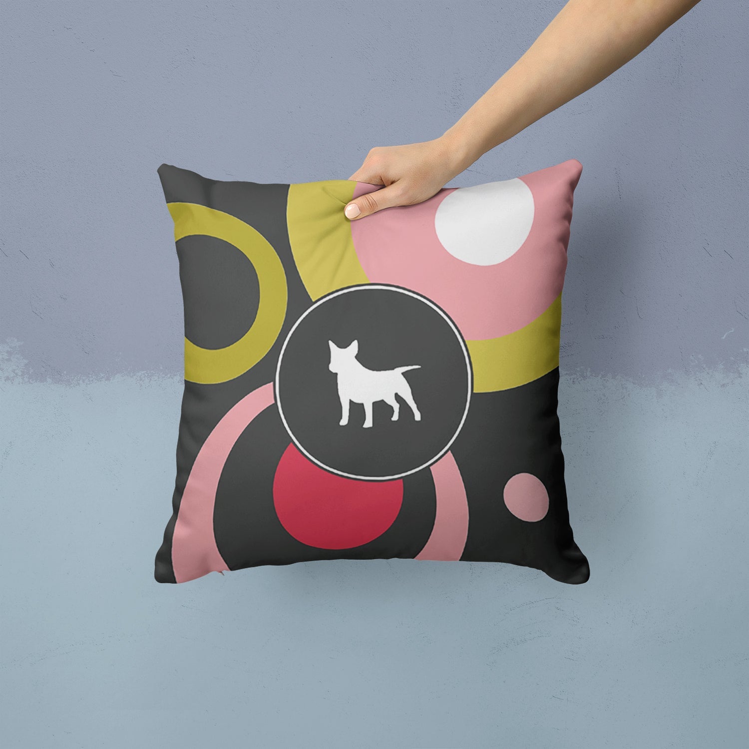 Retro Dots Bull Terrier Decorative Throw Pillow 14x14 Indoor Outdoor Accent Cushion, Fabric Cover with Insert for Sofa, Bed, Porch & Living Room