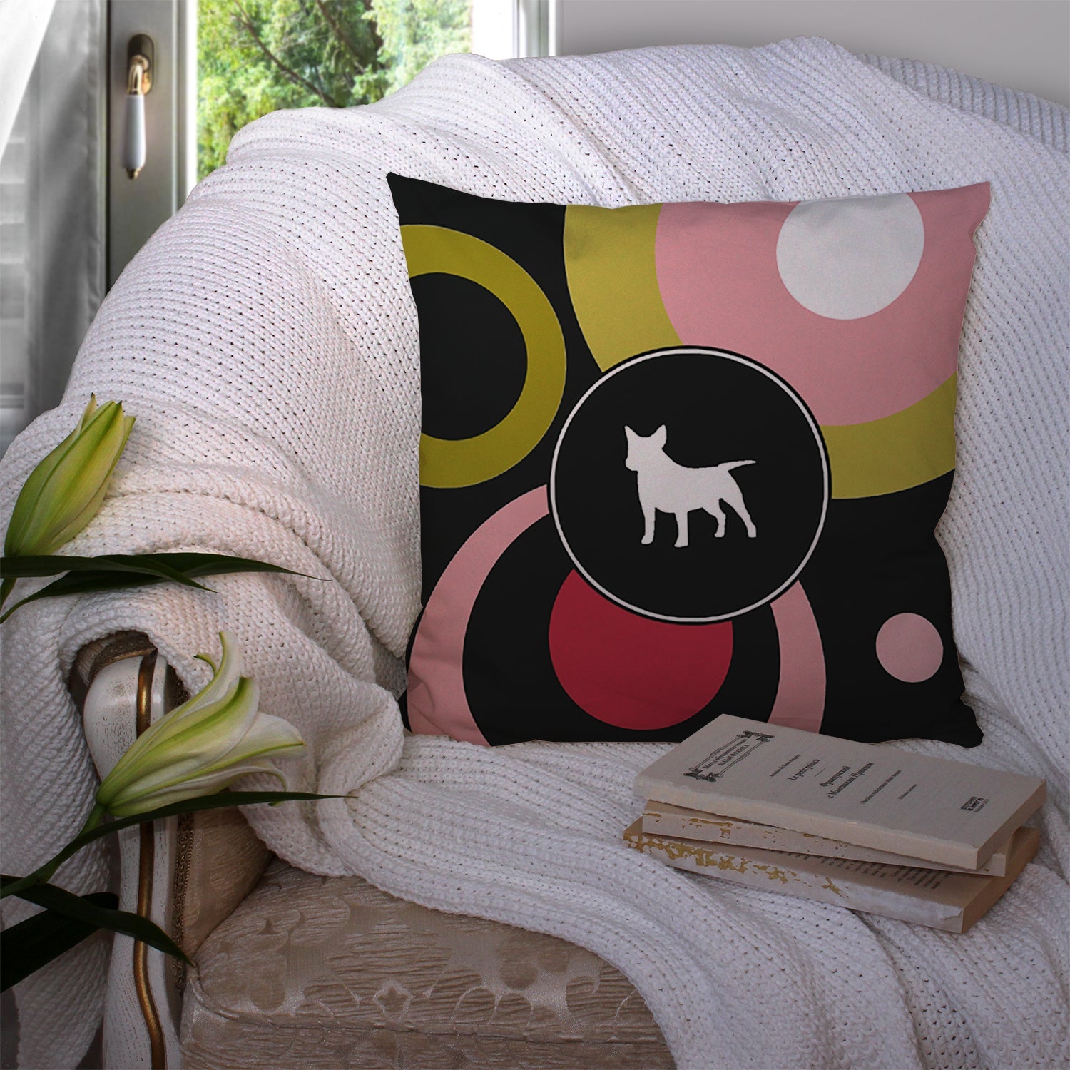 Retro Dots Bull Terrier Decorative Throw Pillow 14x14 Indoor Outdoor Accent Cushion, Fabric Cover with Insert for Sofa, Bed, Porch & Living Room