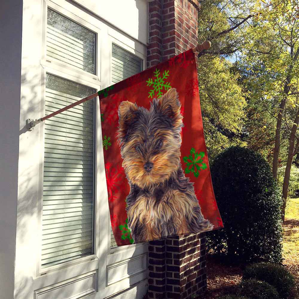 Red Snowflakes Holiday Christmas Yorkie Puppy / Yorkshire Terrier House Flag 28x40 Porch Sleeve Pole Decorative Outside Yard Banner Artwork Wall Hanging, Polyester