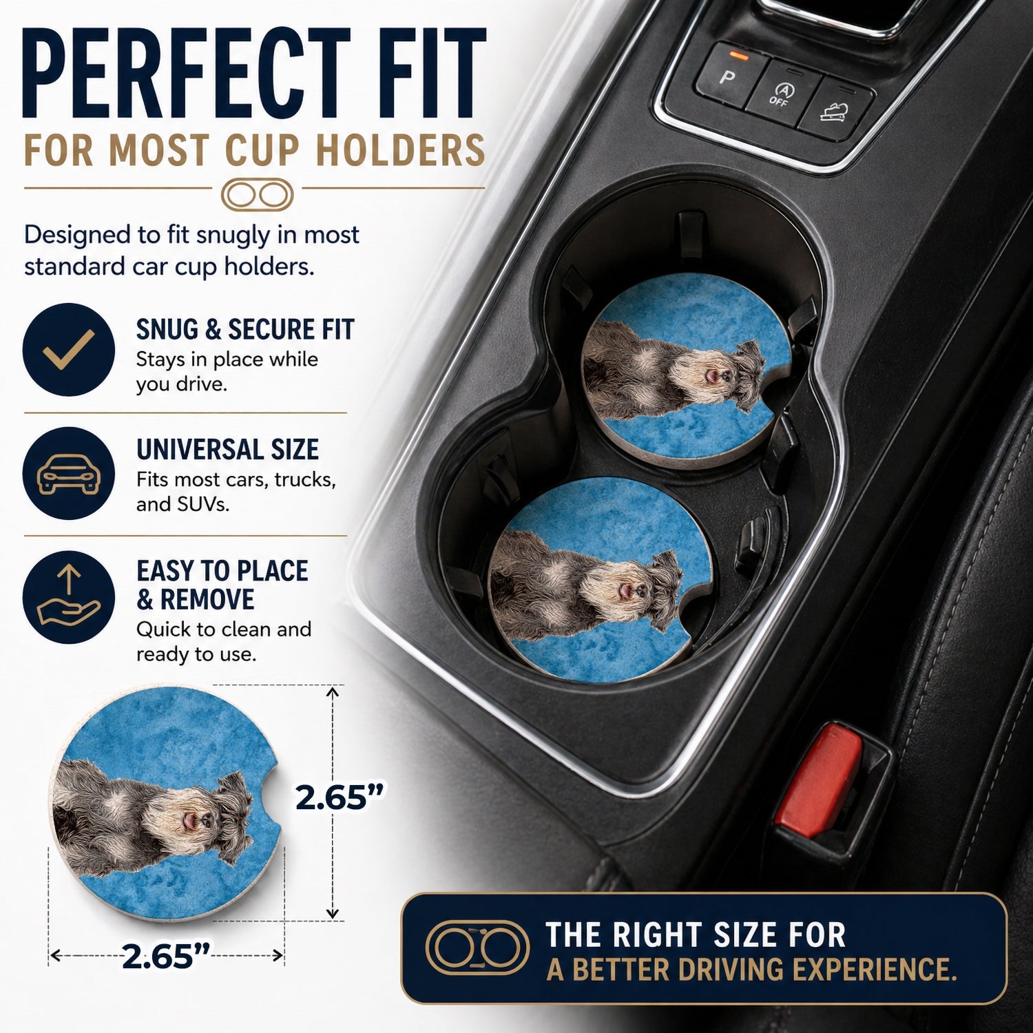 Blue Schnauzer Set of 2 Cup Holder Car Coasters Absorbent Round Sandstone Coasters Gifts for Men or Women, 2.5, Multicolor