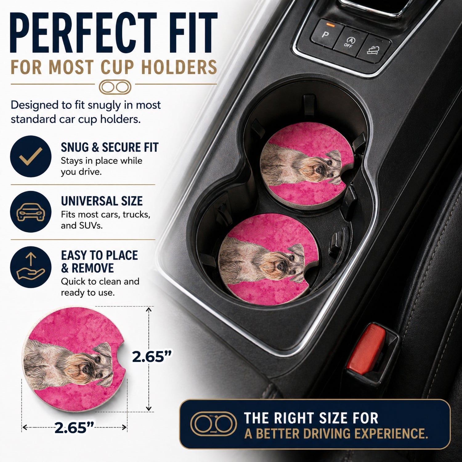 Pink Schnauzer Set of 2 Cup Holder Car Coasters Absorbent Round Sandstone Coasters Gifts for Men or Women, 2.5, Multicolor