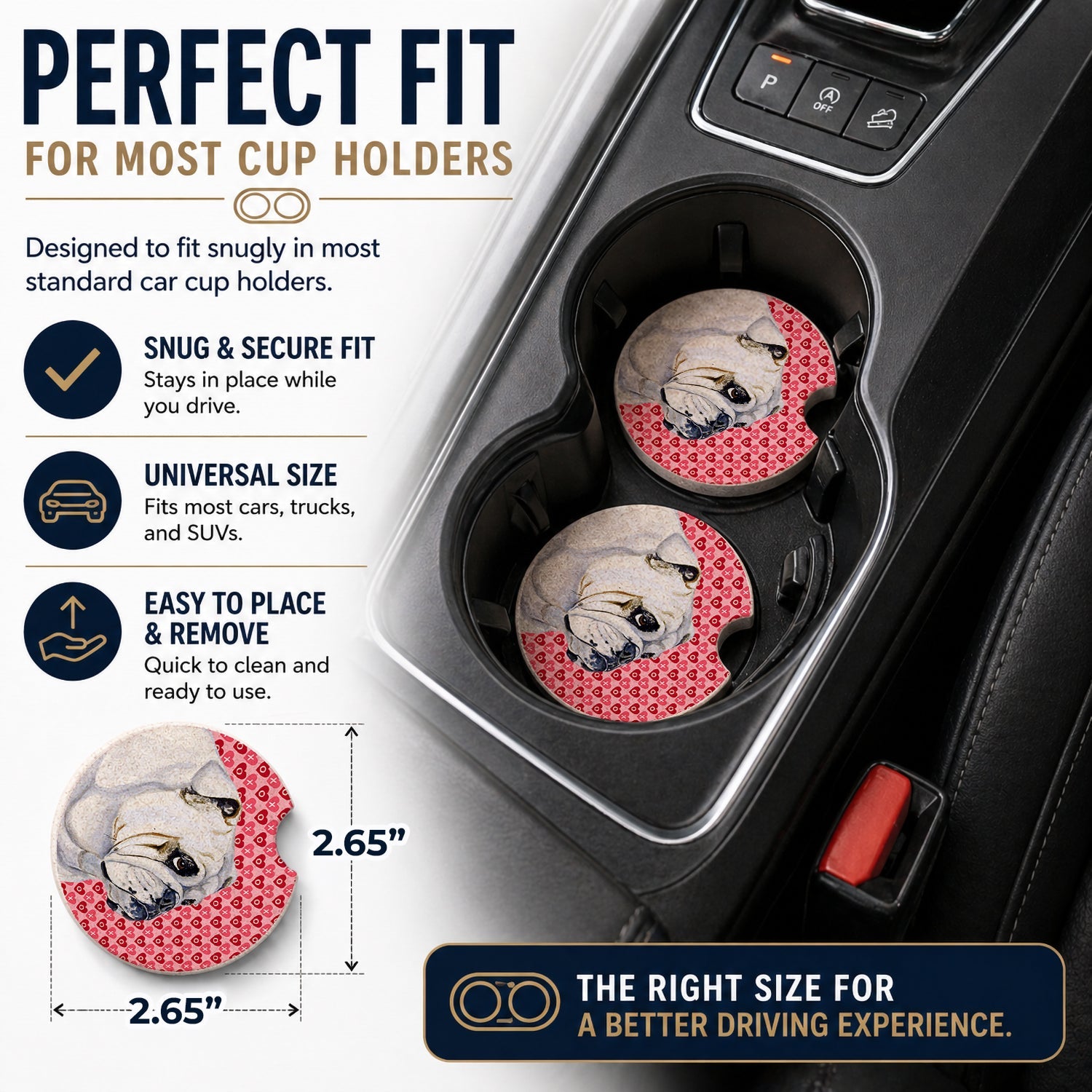 Bulldog English Hearts Love Valentine's Day Set of 2 Cup Holder Car Coasters Absorbent Round Sandstone Coasters Gifts for Men or Women, 2.5, Multicolor