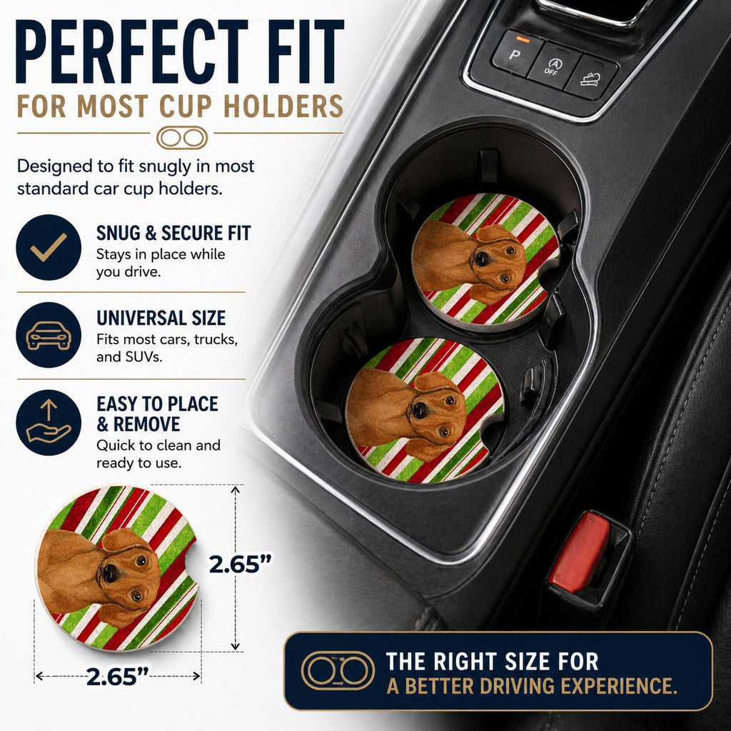 Dachshund Candy Cane Holiday Christmas Set of 2 Cup Holder Car Coasters Absorbent Round Sandstone Coasters Gifts for Men or Women, 2.5, Multicolor
