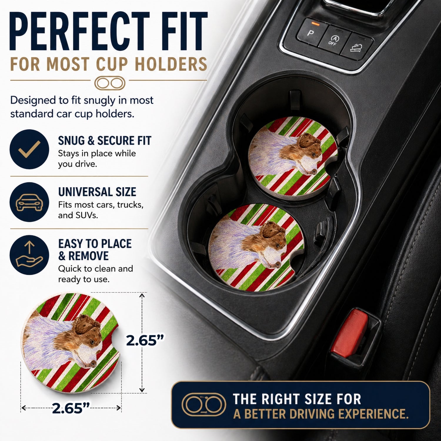 Australian Shepherd Candy Cane Holiday Christmas Set of 2 Cup Holder Car Coasters Absorbent Round Sandstone Coasters Gifts for Men or Women, 2.5, Multicolor