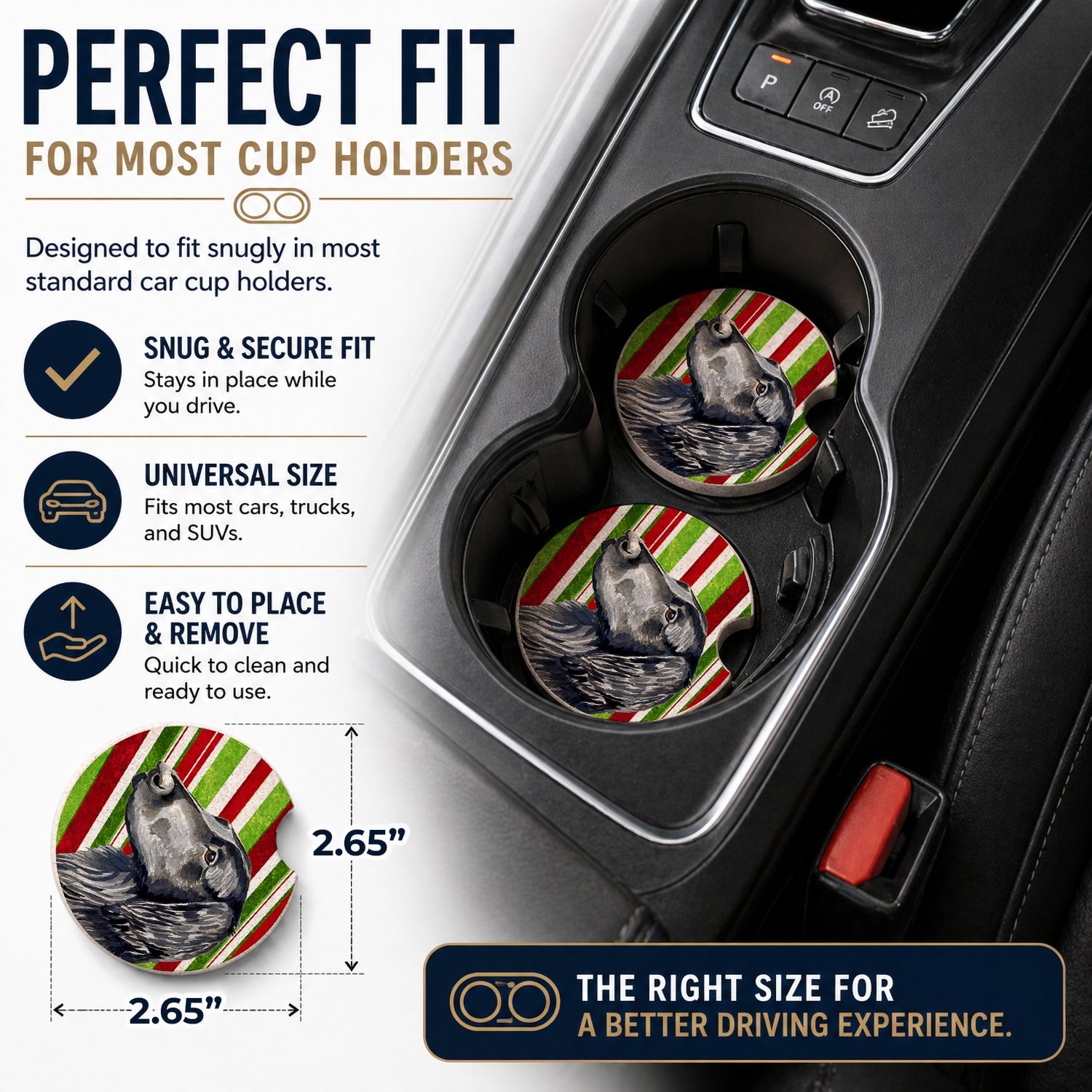 Flat Coated Retriever Candy Cane Holiday Christmas Set of 2 Cup Holder Car Coasters Absorbent Round Sandstone Coasters Gifts for Men or Women, 2.5, Multicolor