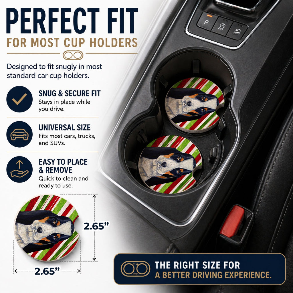 Basset Hound Candy Cane Holiday Christmas Set of 2 Cup Holder Car Coasters Absorbent Round Sandstone Coasters Gifts for Men or Women, 2.5, Multicolor