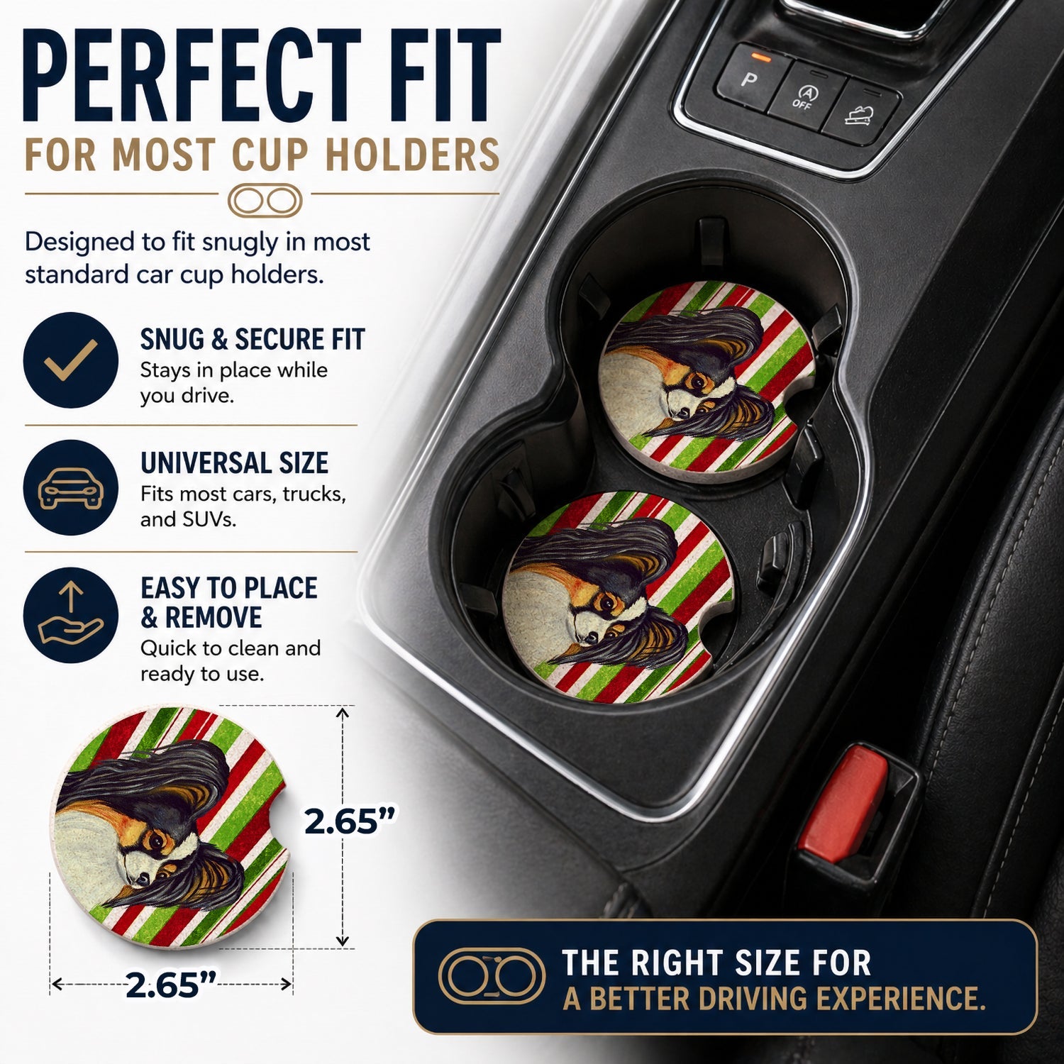 Papillon Candy Cane Holiday Christmas Set of 2 Cup Holder Car Coasters Absorbent Round Sandstone Coasters Gifts for Men or Women, 2.5, Multicolor