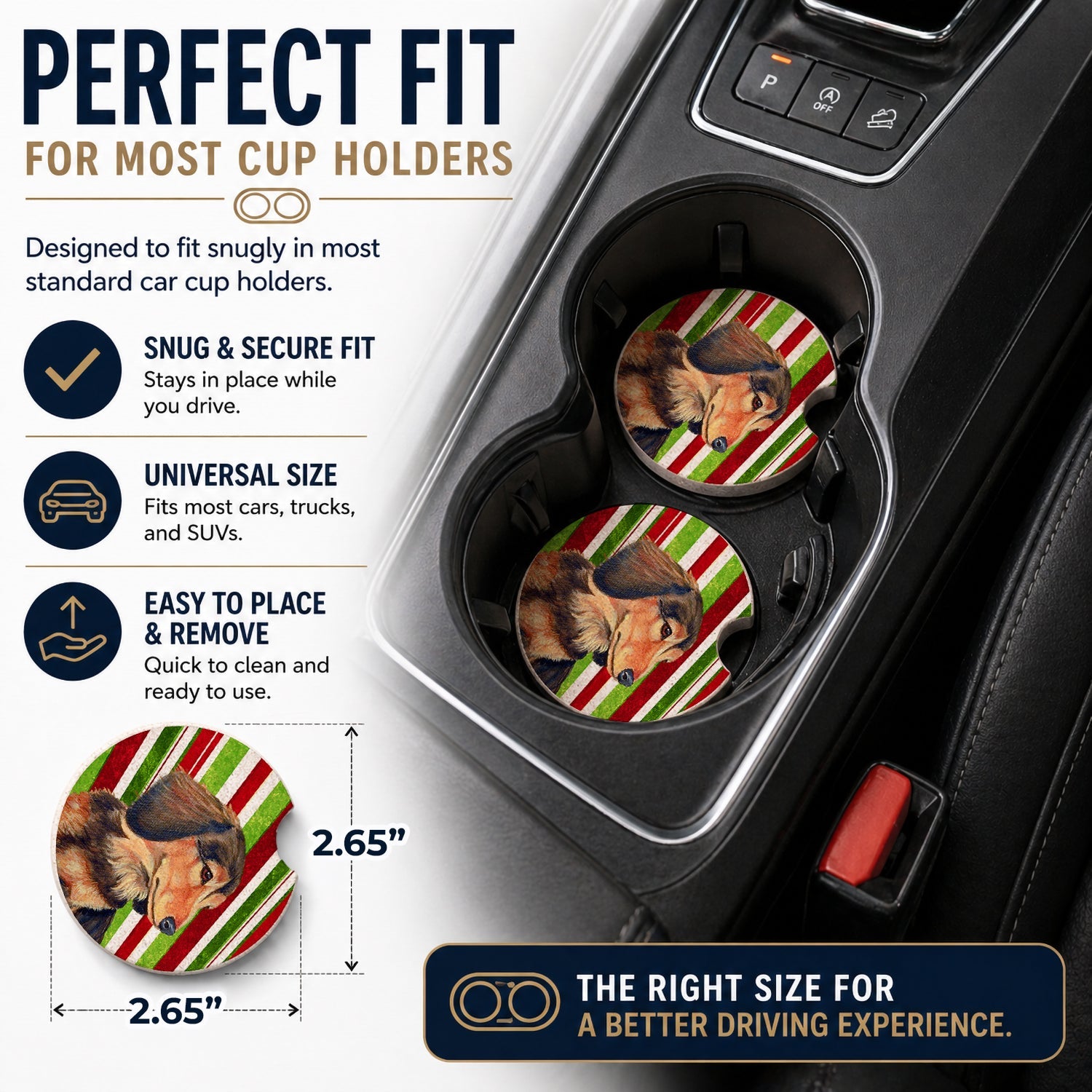 Dachshund Candy Cane Holiday Christmas Set of 2 Cup Holder Car Coasters Absorbent Round Sandstone Coasters Gifts for Men or Women, 2.5, Multicolor