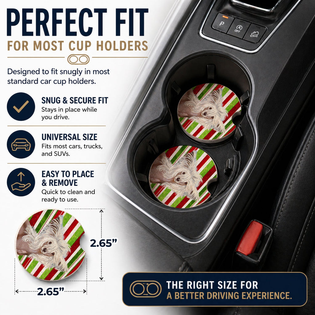 Chinese Crested Candy Cane Holiday Christmas Set of 2 Cup Holder Car Coasters Absorbent Round Sandstone Coasters Gifts for Men or Women, 2.5, Multicolor