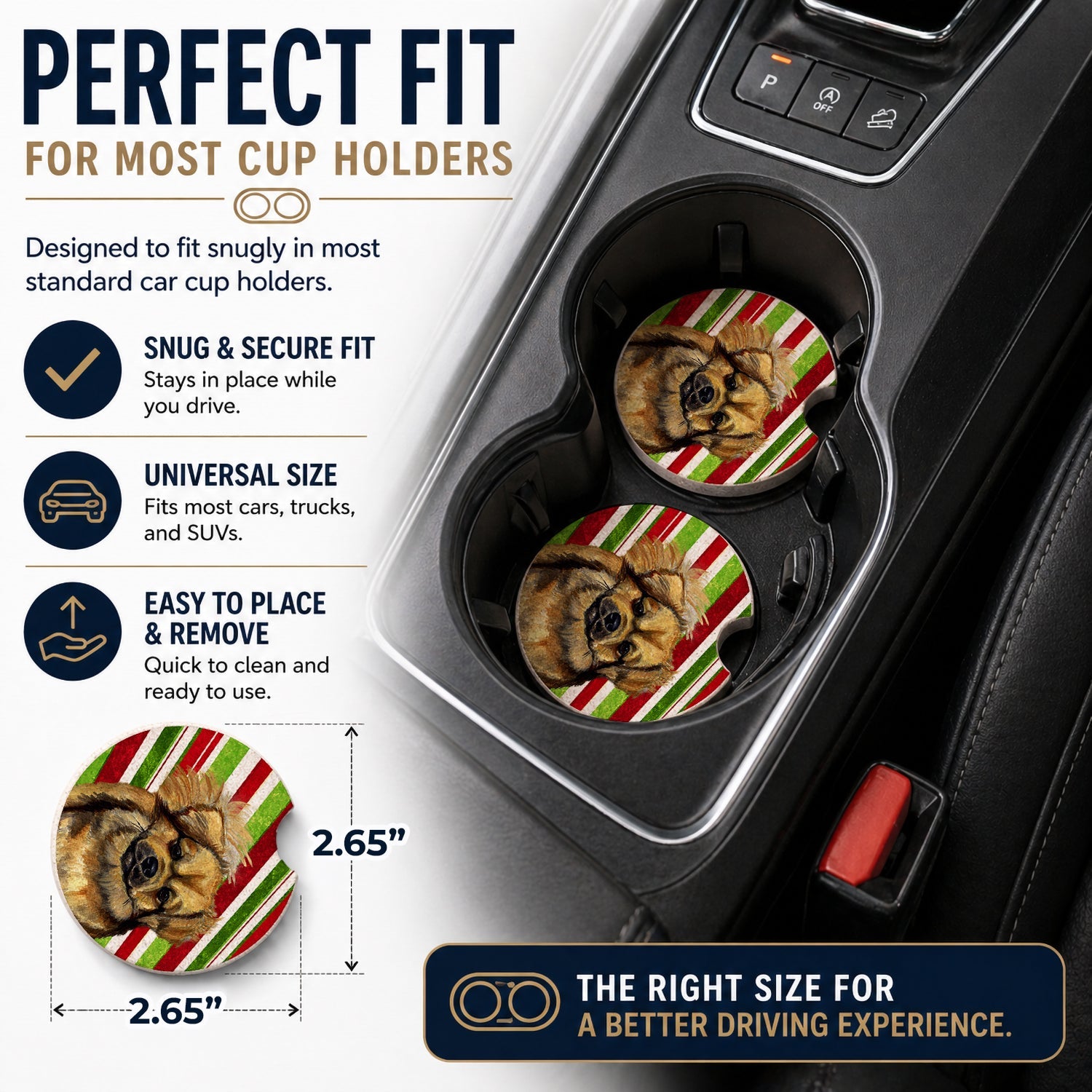 Tibetan Spaniel Candy Cane Holiday Christmas Set of 2 Cup Holder Car Coasters Absorbent Round Sandstone Coasters Gifts for Men or Women, 2.5, Multicolor