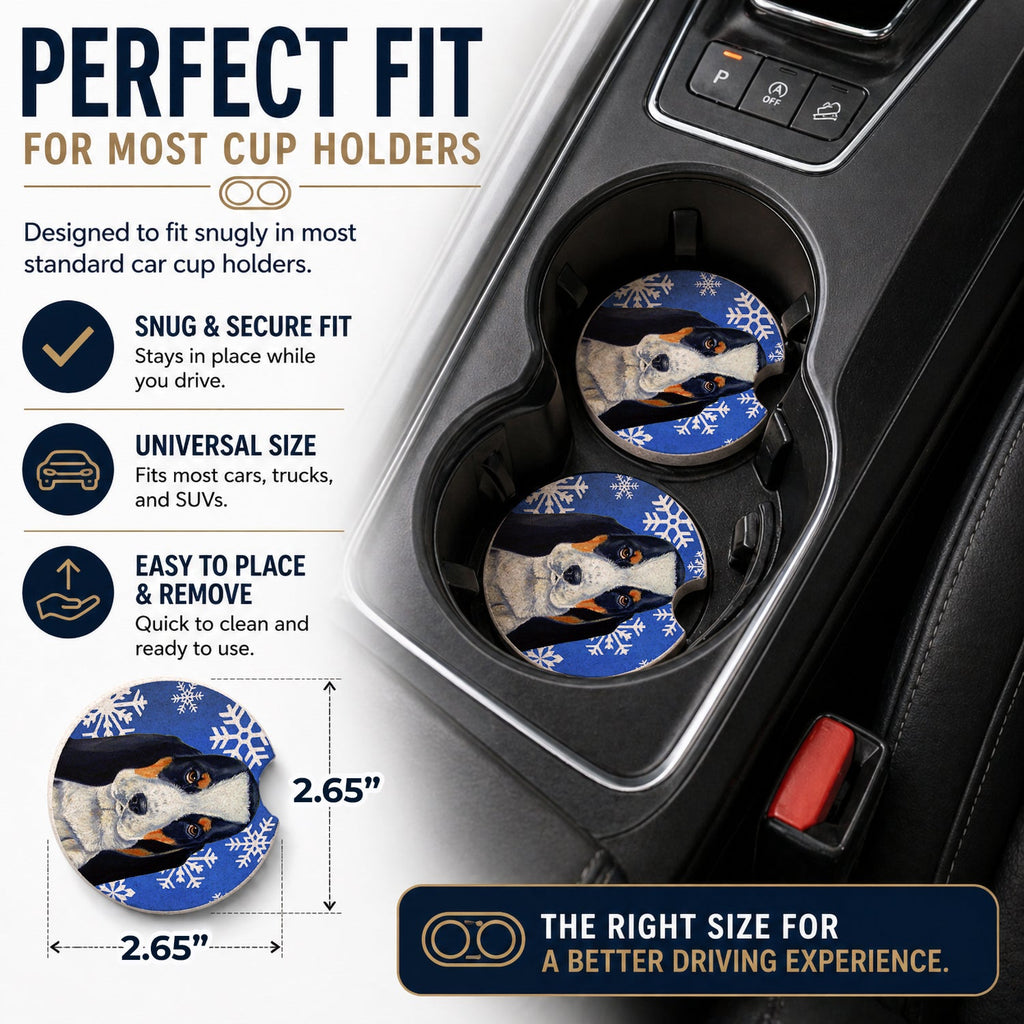 Basset Hound Winter Snowflakes Holiday Set of 2 Cup Holder Car Coasters Absorbent Round Sandstone Coasters Gifts for Men or Women, 2.5, Multicolor