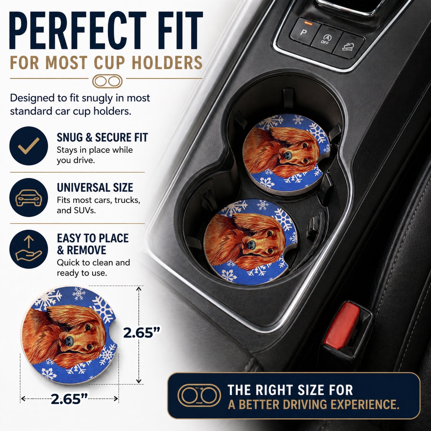 Irish Setter Winter Snowflakes Holiday Set of 2 Cup Holder Car Coasters Absorbent Round Sandstone Coasters Gifts for Men or Women, 2.5, Multicolor