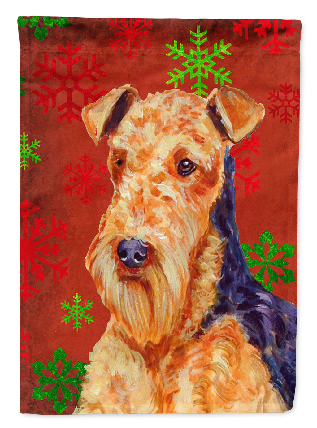 Airedale Red and Green Snowflakes Holiday Christmas House Flag 28x40 Porch Sleeve Pole Decorative Outside Yard Banner Artwork Wall Hanging, Polyester