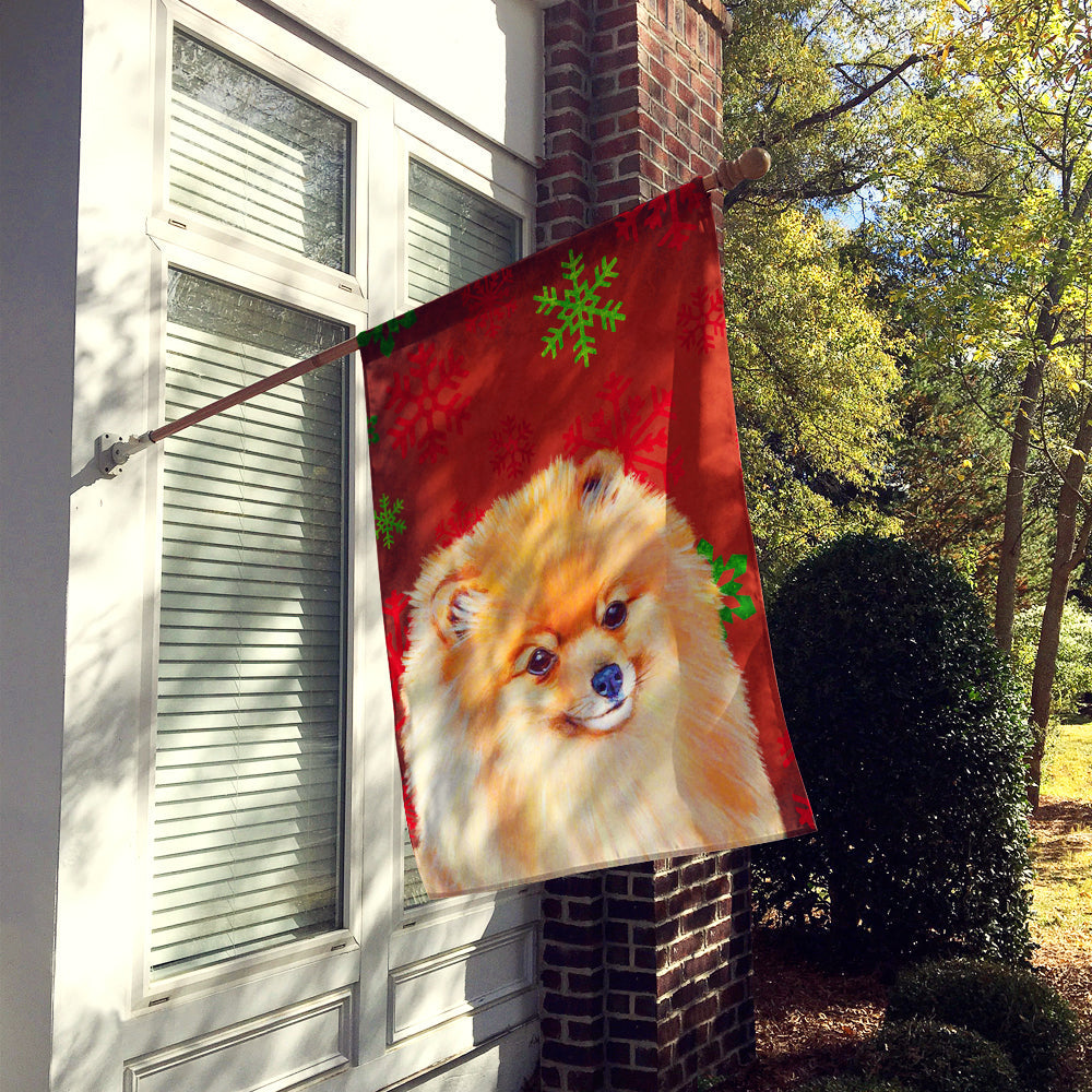 Pomeranian Red and Green Snowflakes Holiday Christmas House Flag 28x40 Porch Sleeve Pole Decorative Outside Yard Banner Artwork Wall Hanging, Polyester
