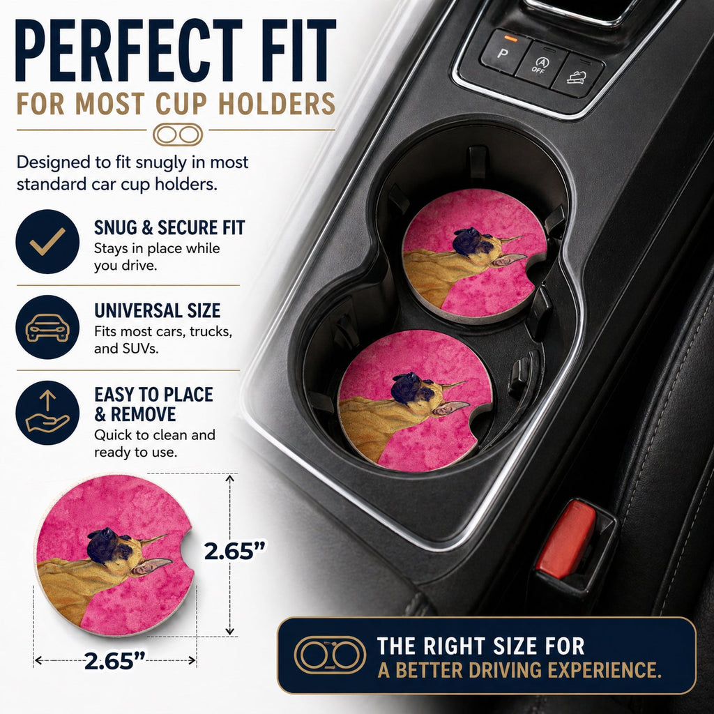 Pink Great Dane Set of 2 Cup Holder Car Coasters Absorbent Round Sandstone Coasters Gifts for Men or Women, 2.5, Multicolor