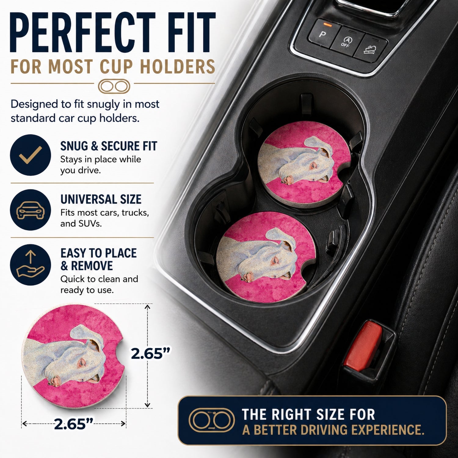 Pink Great Dane Set of 2 Cup Holder Car Coasters Absorbent Round Sandstone Coasters Gifts for Men or Women, 2.5, Multicolor