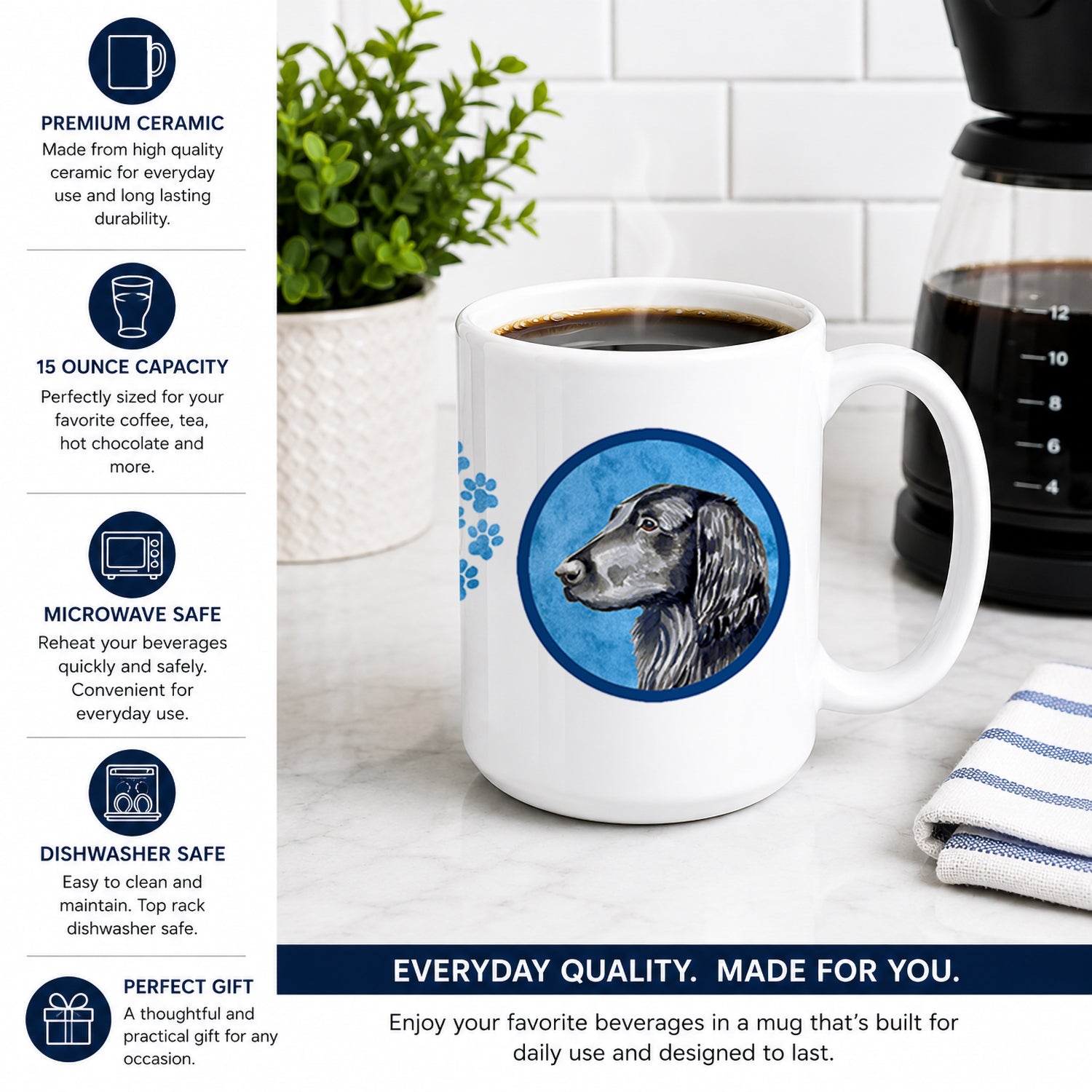 Blue Flat Coated Retriever Ceramic Coffee Mug 15 oz Decorative Large C Handle Mug Cup for Tea, Cocoa Hot Chocolate