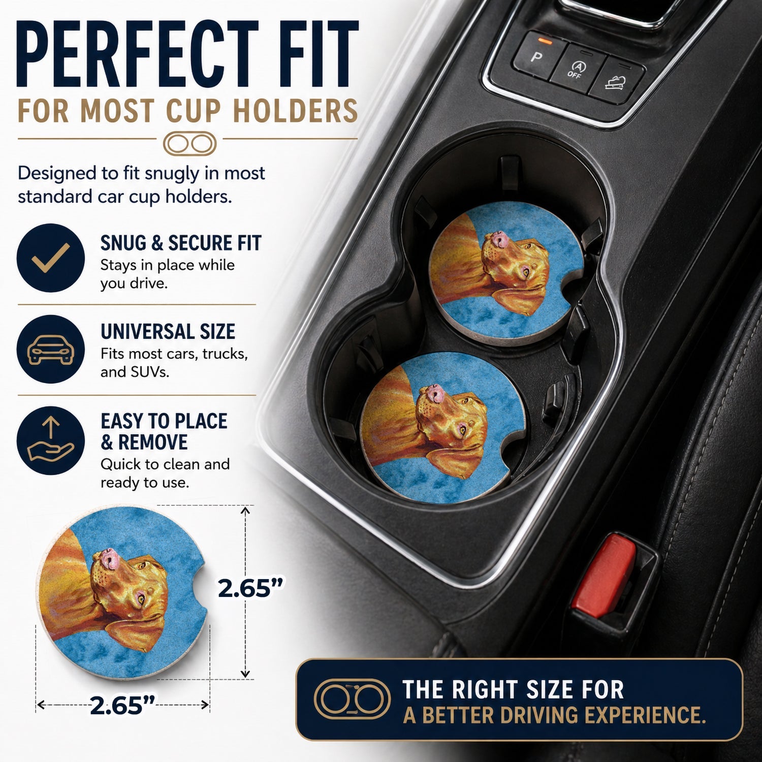Blue Vizsla Set of 2 Cup Holder Car Coasters Absorbent Round Sandstone Coasters Gifts for Men or Women, 2.5, Multicolor