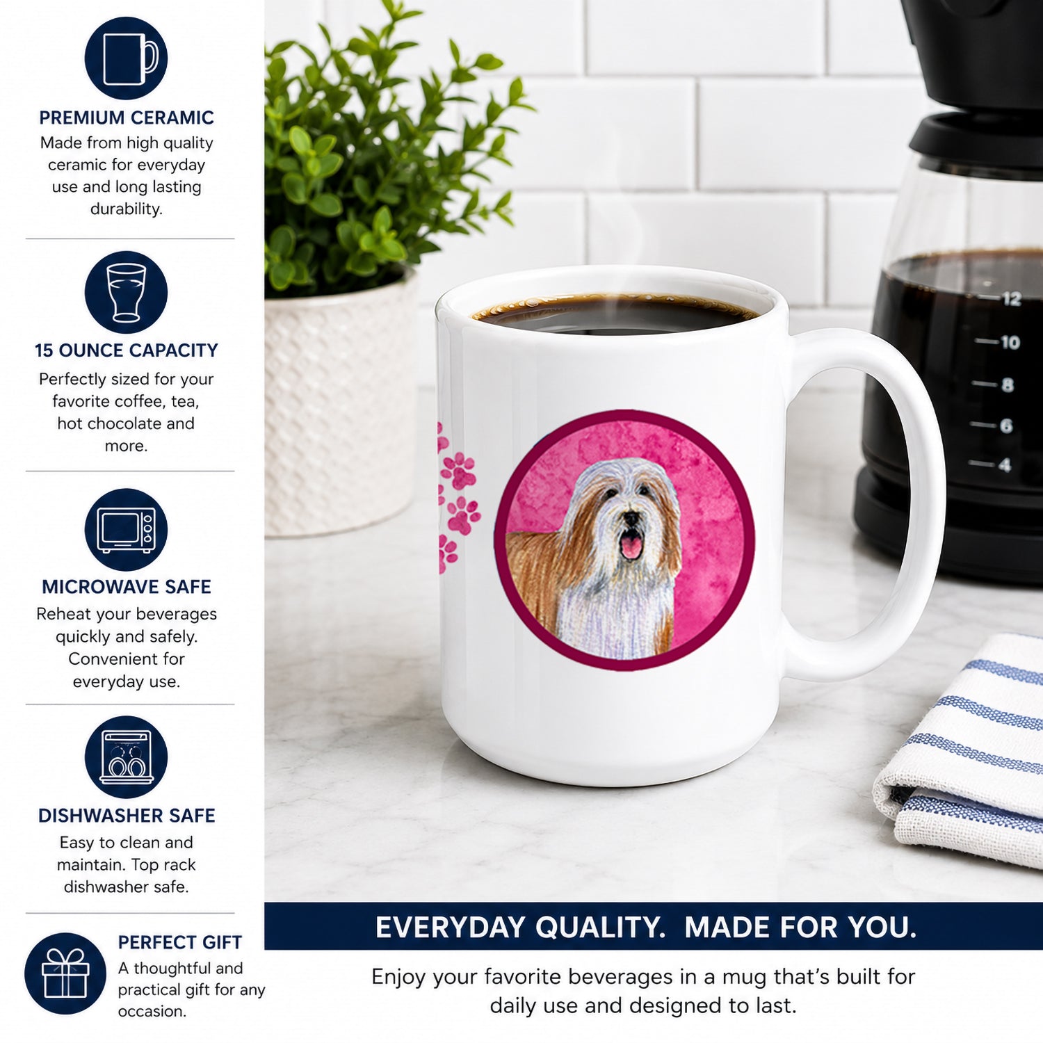 Pink Bearded Collie Ceramic Coffee Mug 15 oz Decorative Large C Handle Mug Cup for Tea, Cocoa Hot Chocolate
