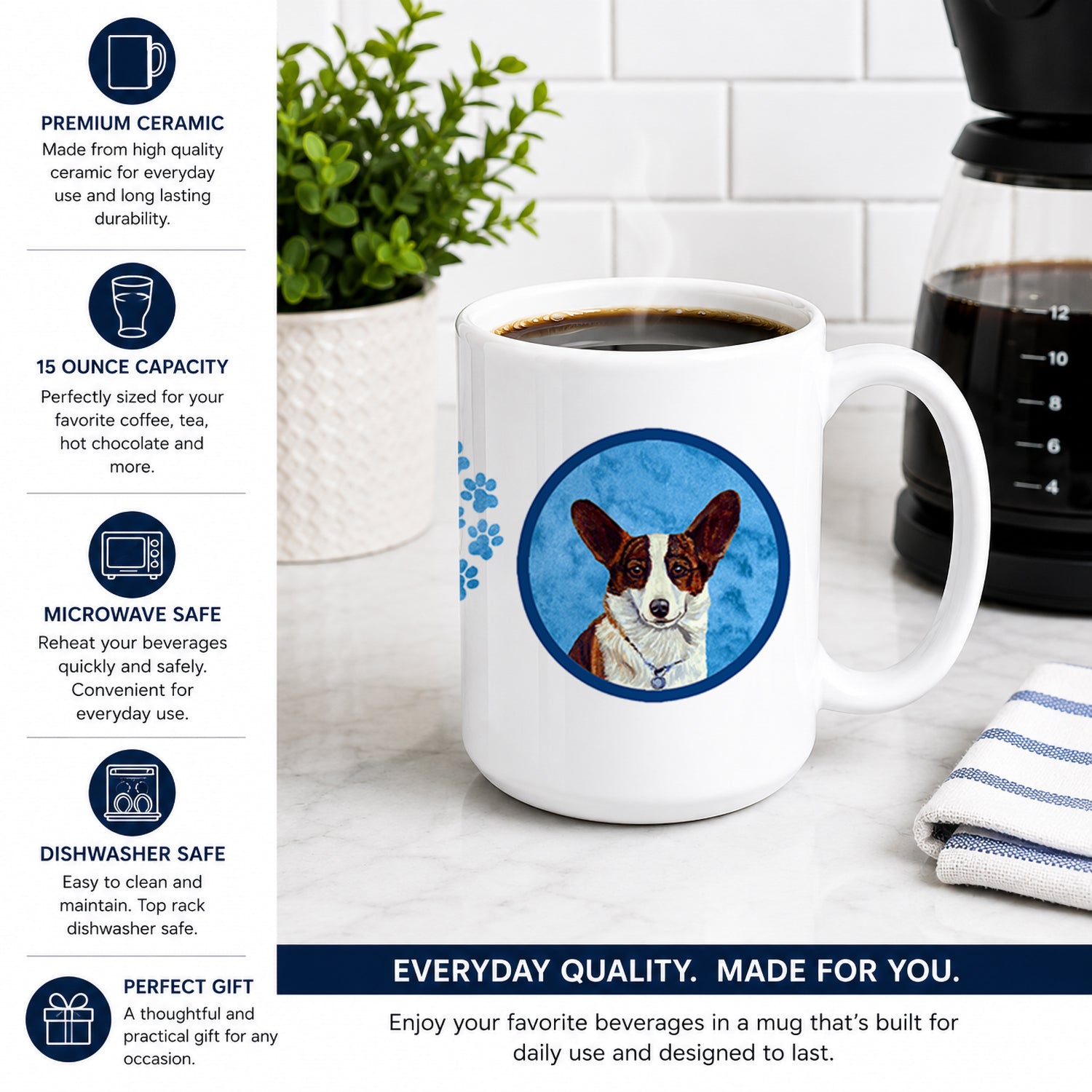 Blue Corgi Ceramic Coffee Mug 15 oz Decorative Large C Handle Mug Cup for Tea, Cocoa Hot Chocolate