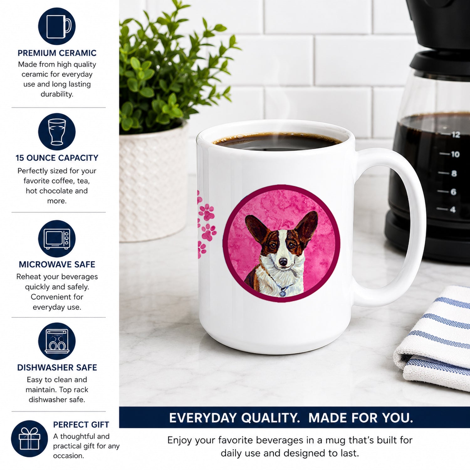 Pink Corgi Ceramic Coffee Mug 15 oz Decorative Large C Handle Mug Cup for Tea, Cocoa Hot Chocolate
