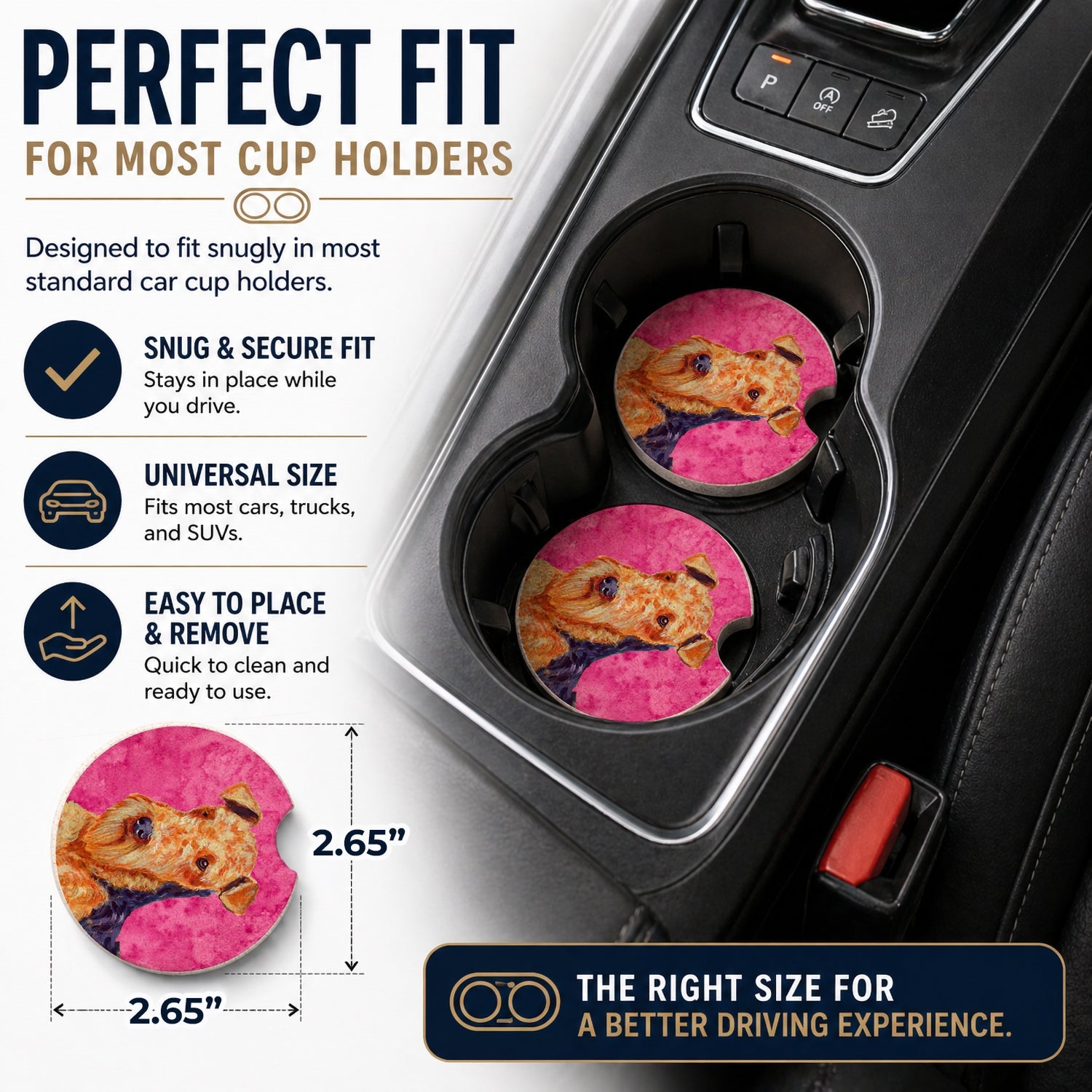 Pink Airedale Set of 2 Cup Holder Car Coasters Absorbent Round Sandstone Coasters Gifts for Men or Women, 2.5, Multicolor