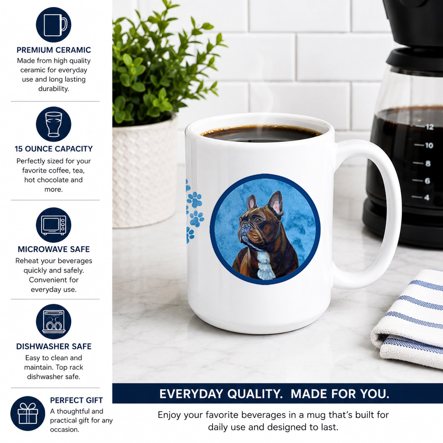 Blue French Bulldog Ceramic Coffee Mug 15 oz Decorative Large C Handle Mug Cup for Tea, Cocoa Hot Chocolate