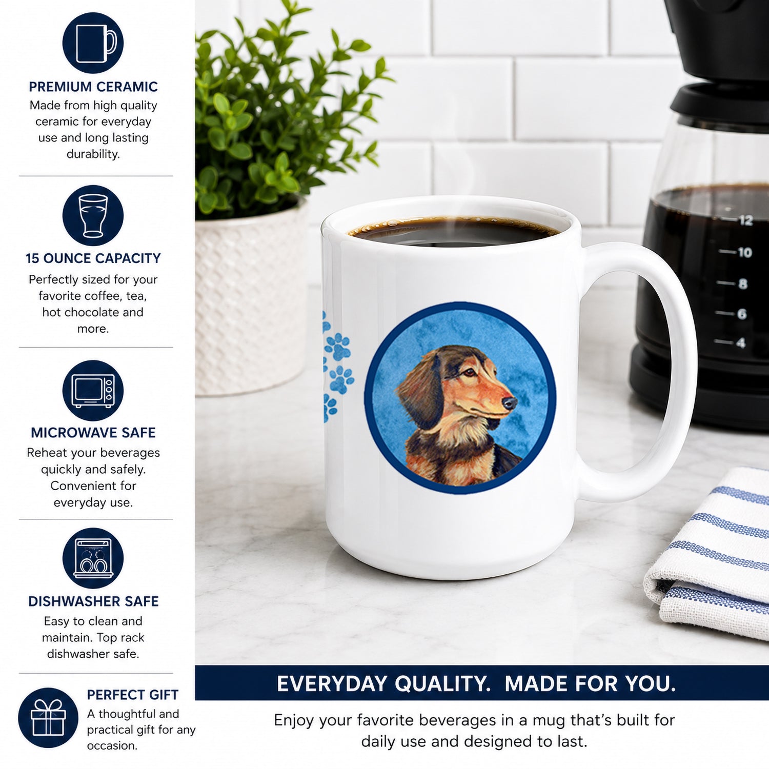 Blue Dachshund Ceramic Coffee Mug 15 oz Decorative Large C Handle Mug Cup for Tea, Cocoa Hot Chocolate