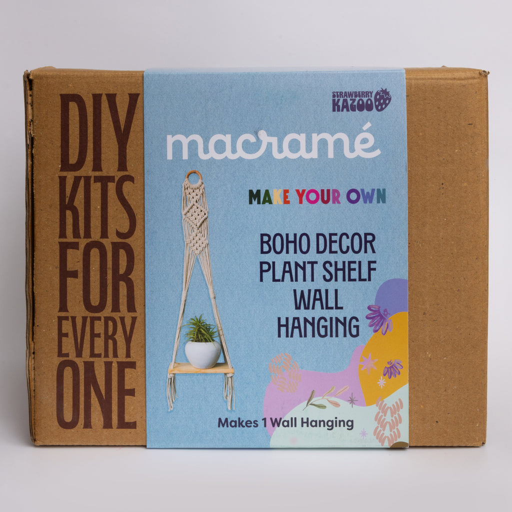 DIY Macramé Plant Shelf Kit – Boho Wall Hanging with Cotton Cord, Wood Shelf & Ceramic Pot