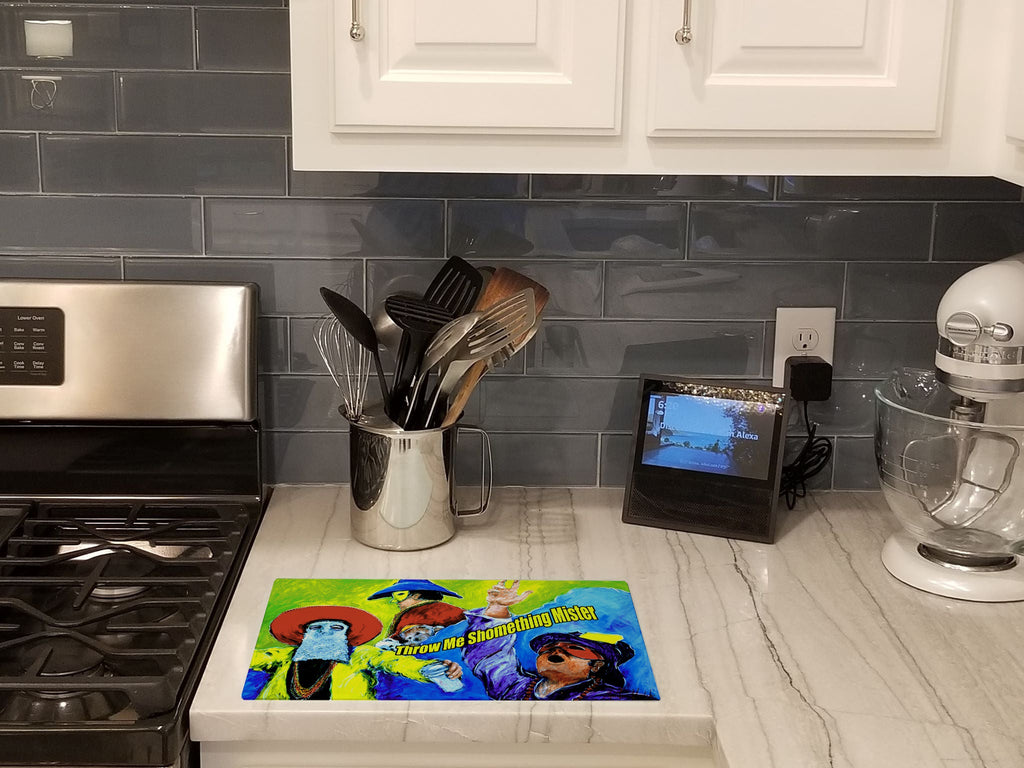 Mardi Gras Throw me something mister Cutting Board Tempered Glass Kitchen Cutting Surface, Heat Resistant Chopping, Non-Slip Feet, Food Prep & Serving