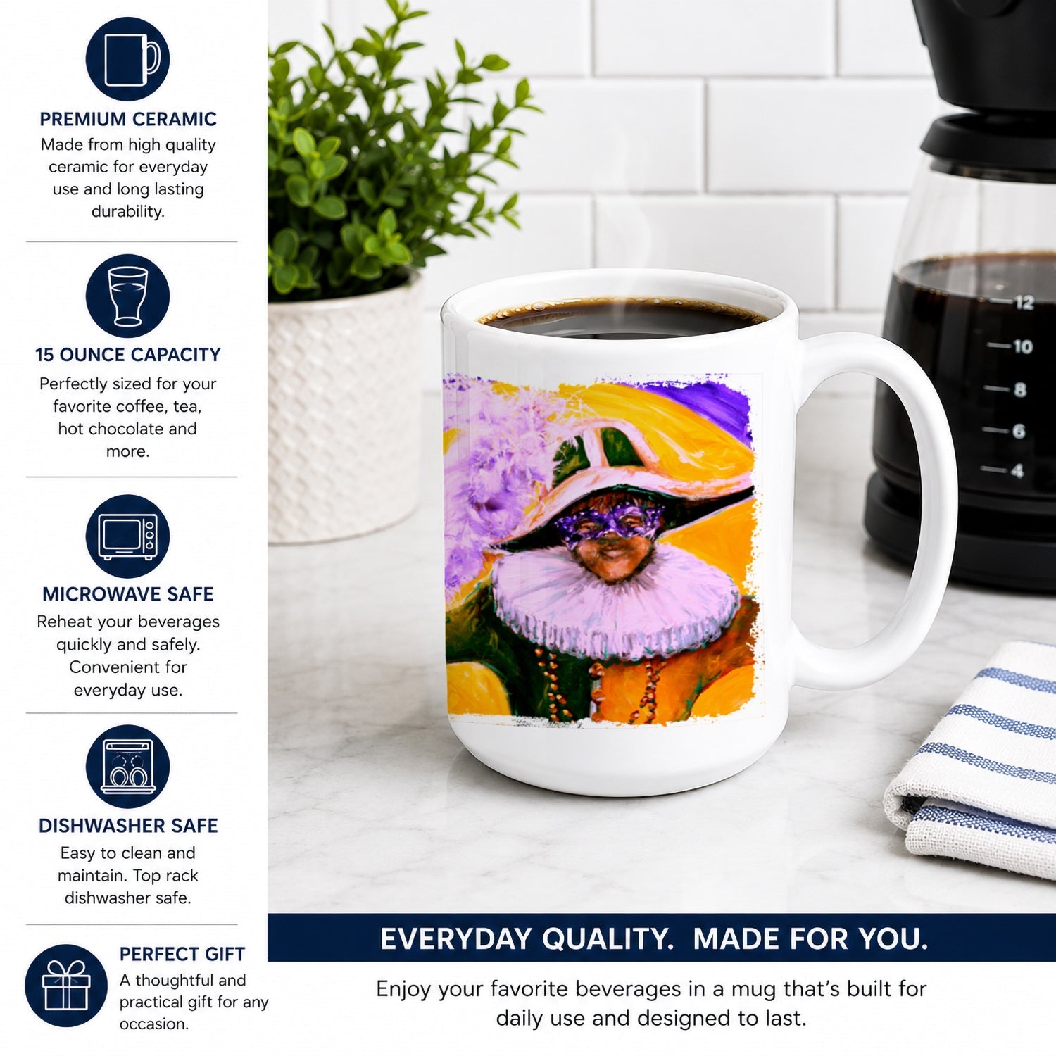 Mardi Gras Hey Mister Ceramic Coffee Mug 15 oz Decorative Large C Handle Mug Cup for Tea, Cocoa Hot Chocolate