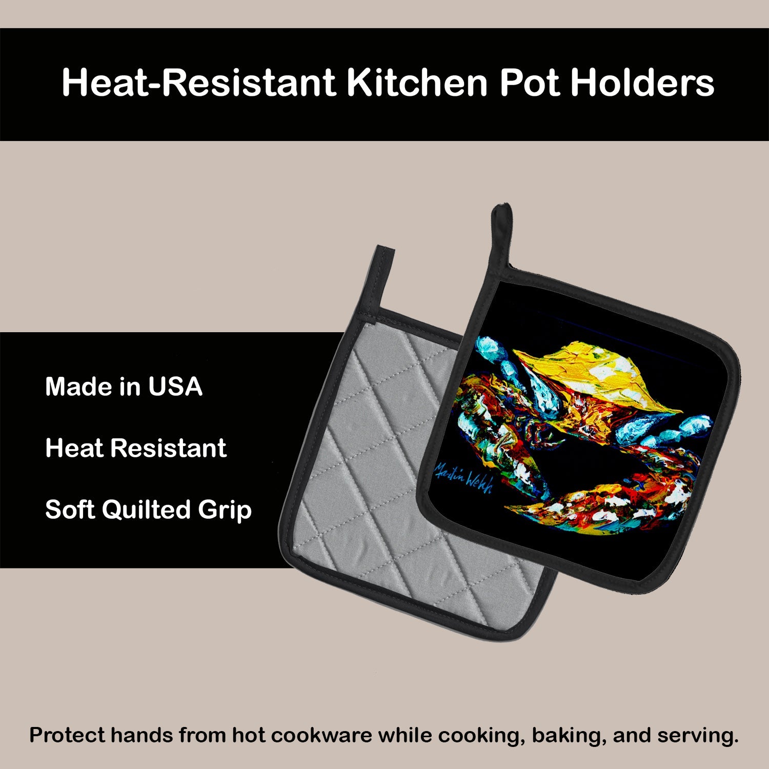 Winner Winner Black Fiddler Crab Pot Holder Set of 2 Heat Resistant Quilted Hot Pads 7.5 x 7.5 Inch, Insulated Kitchen Trivets for Cooking & Baking