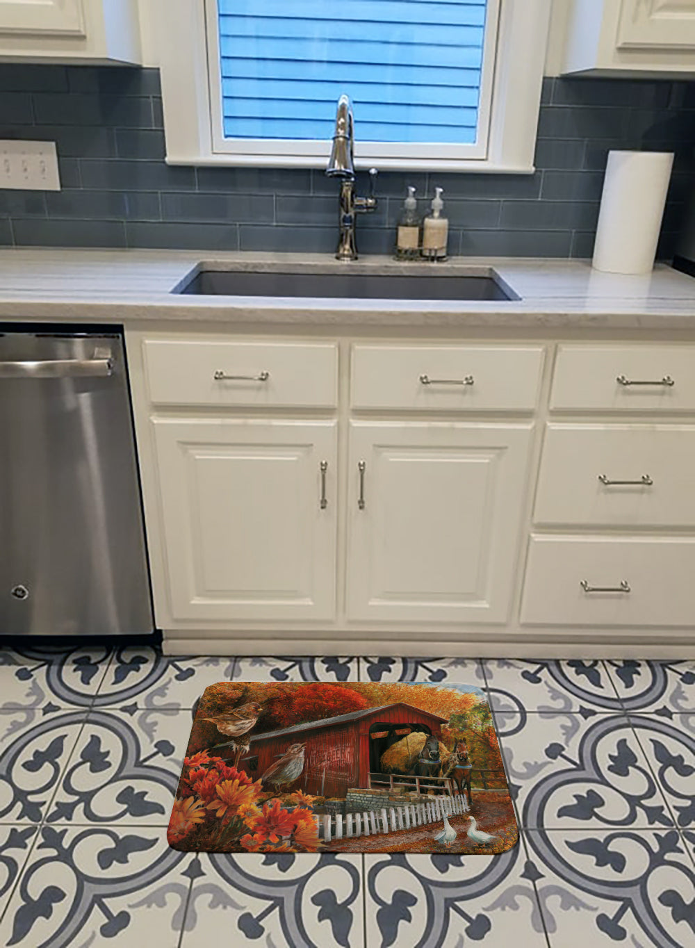 Fall Covered Bridge Memory Foam Kitchen Mat Machine Washable Anti-Fatigue Cushion Comfort Bath or Kitchen Rug