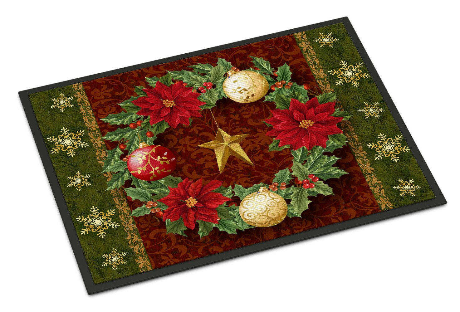 Holly Wreath with Christmas Ornaments Doormat Indoor Outdoor 18H X 27W Front Door Mat Rugs for Entryway, Non Slip Washable