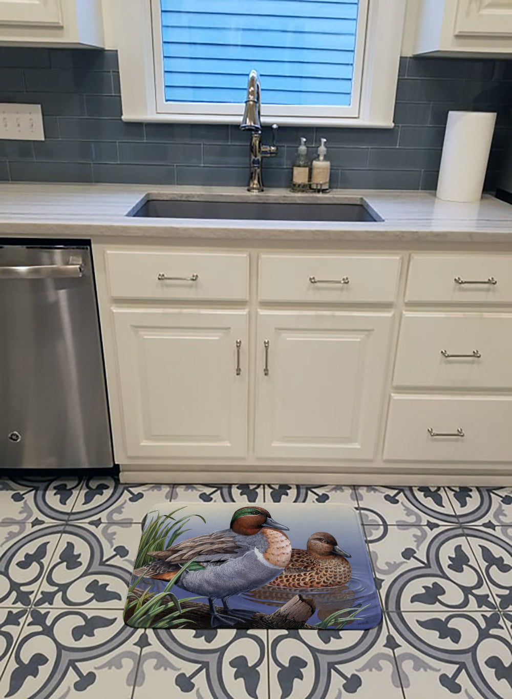 Green Teal Ducks in the Water Memory Foam Kitchen Mat Machine Washable Anti-Fatigue Cushion Comfort Bath or Kitchen Rug