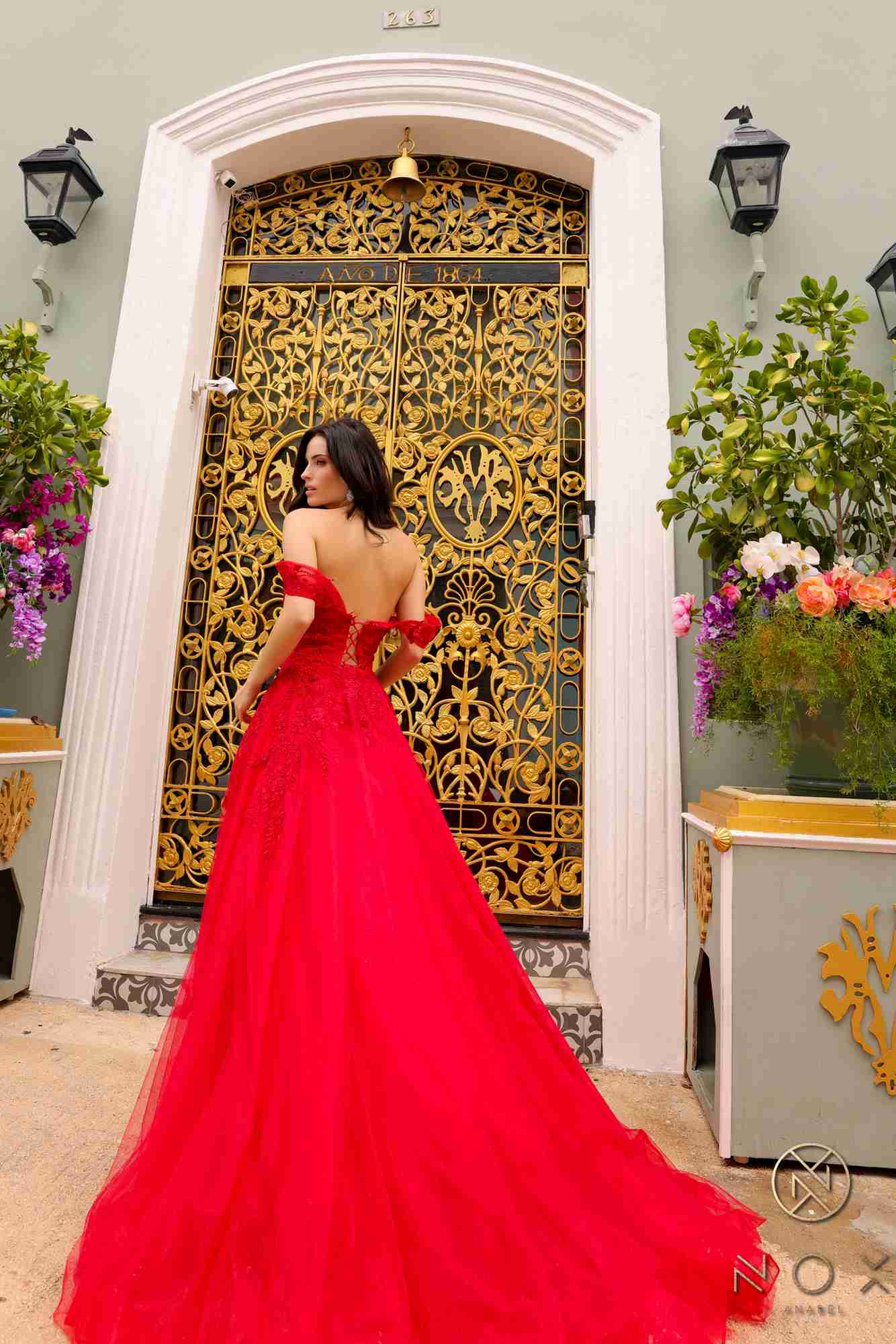 Nox Anabel R1303 Long Off the Shoulder Sweetheart Tulle A-Line Gown