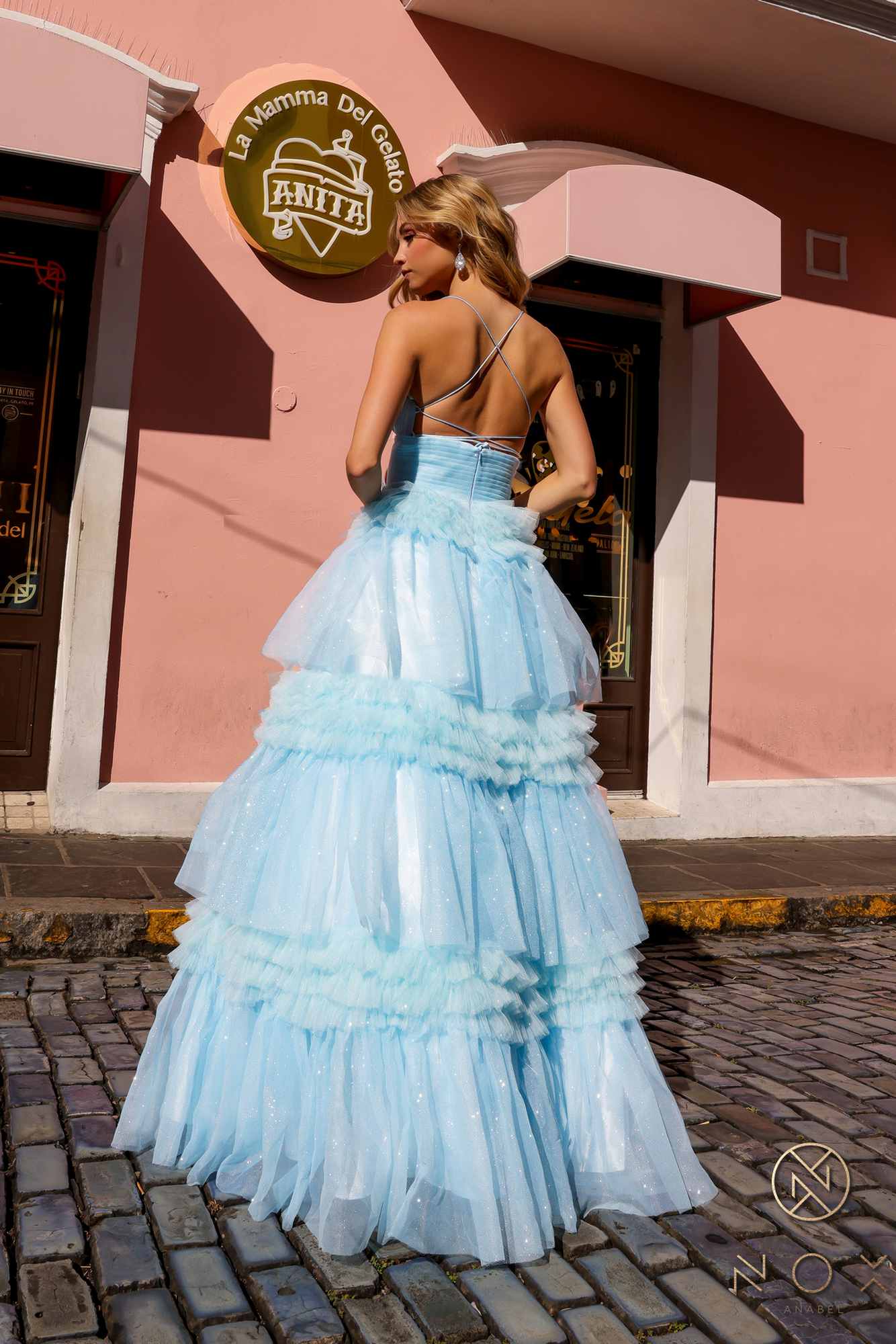 Nox Anabel R1316 Long Glitter Ruffled Tiered A-Line Sleeveless Gown