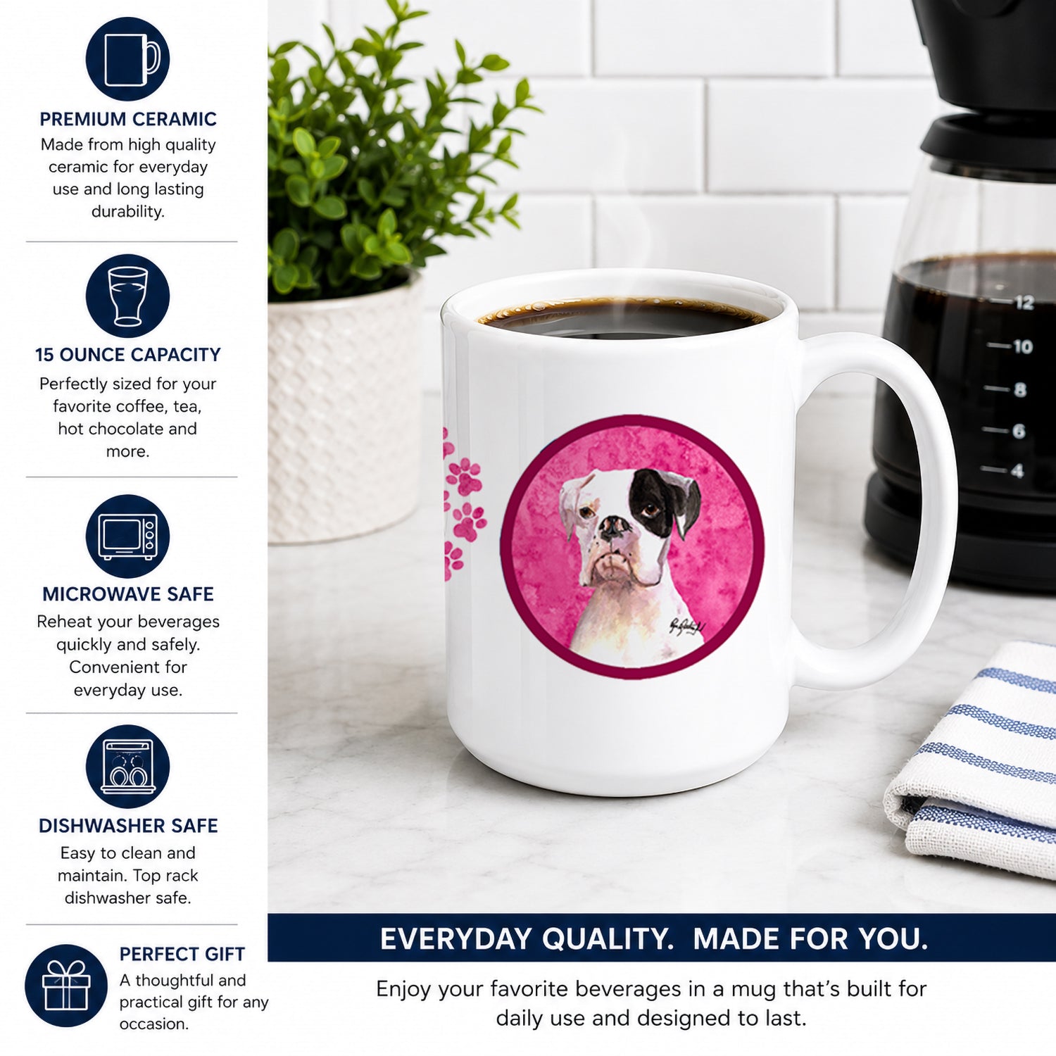 Pink Cooper the Boxer Ceramic Coffee Mug 15 oz Decorative Large C Handle Mug Cup for Tea, Cocoa Hot Chocolate