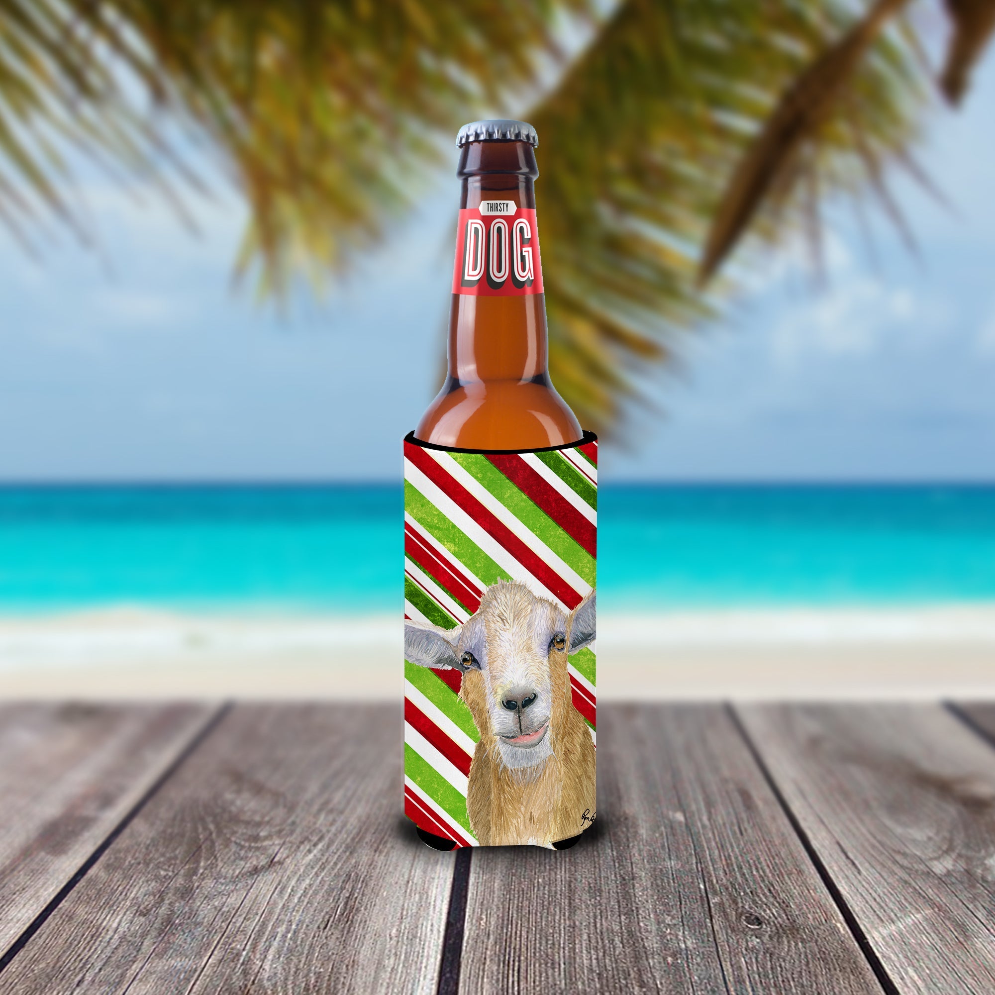 Goat Red Snowflakes Holiday Christmas  Slim Can Hugger , Insulated Foam Hugger for 12 oz Slim Cans, Beer Bottles & Water Bottles, Printed in USA