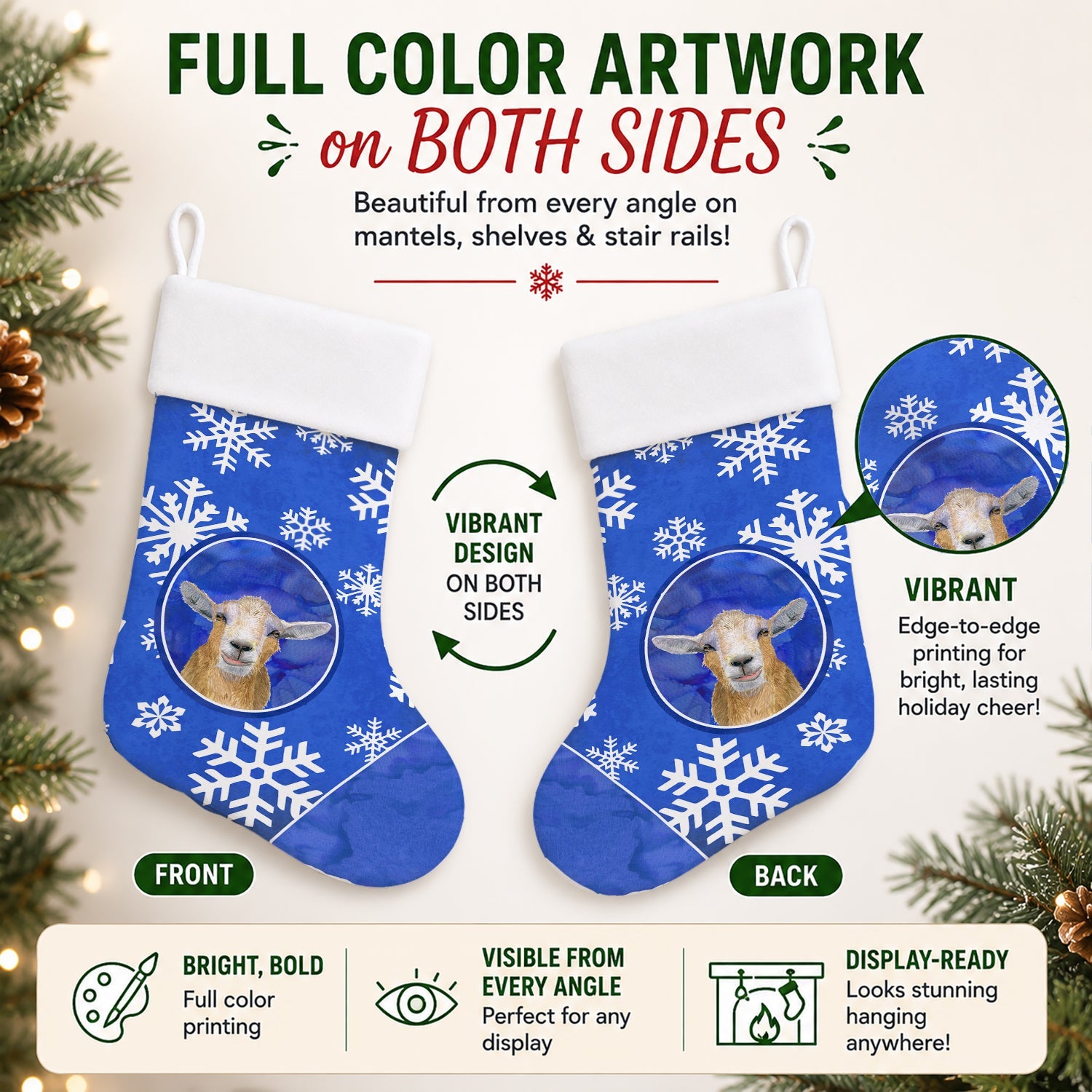 Goat Winter Snowflakes Holiday Holiday Stocking Double-Sided Print, Polyester Suede,11x18, Made in USA