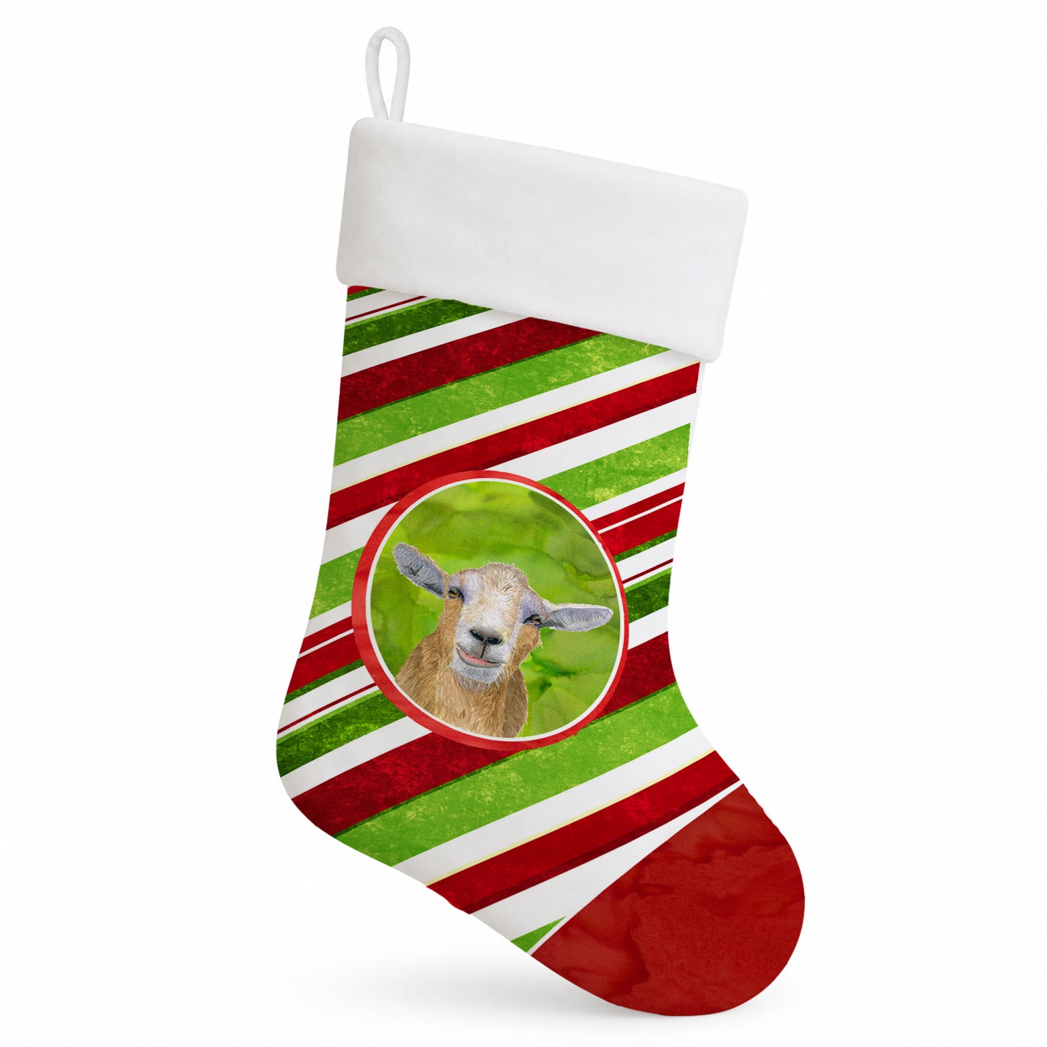 Goat Candy Cane Holiday Christmas Holiday Stocking Double-Sided Print, Polyester Suede,11x18, Made in USA