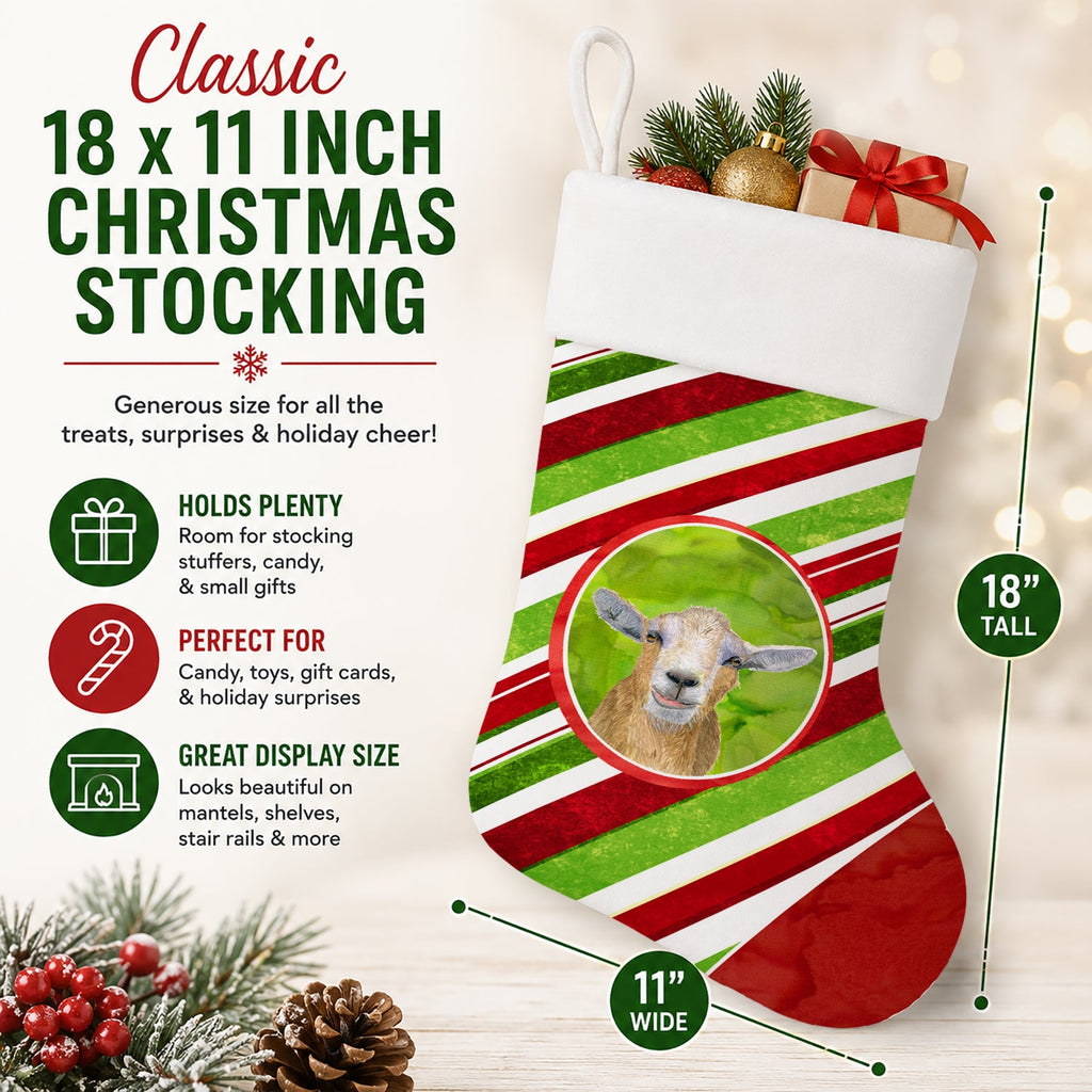 Goat Candy Cane Holiday Christmas Holiday Stocking Double-Sided Print, Polyester Suede,11x18, Made in USA