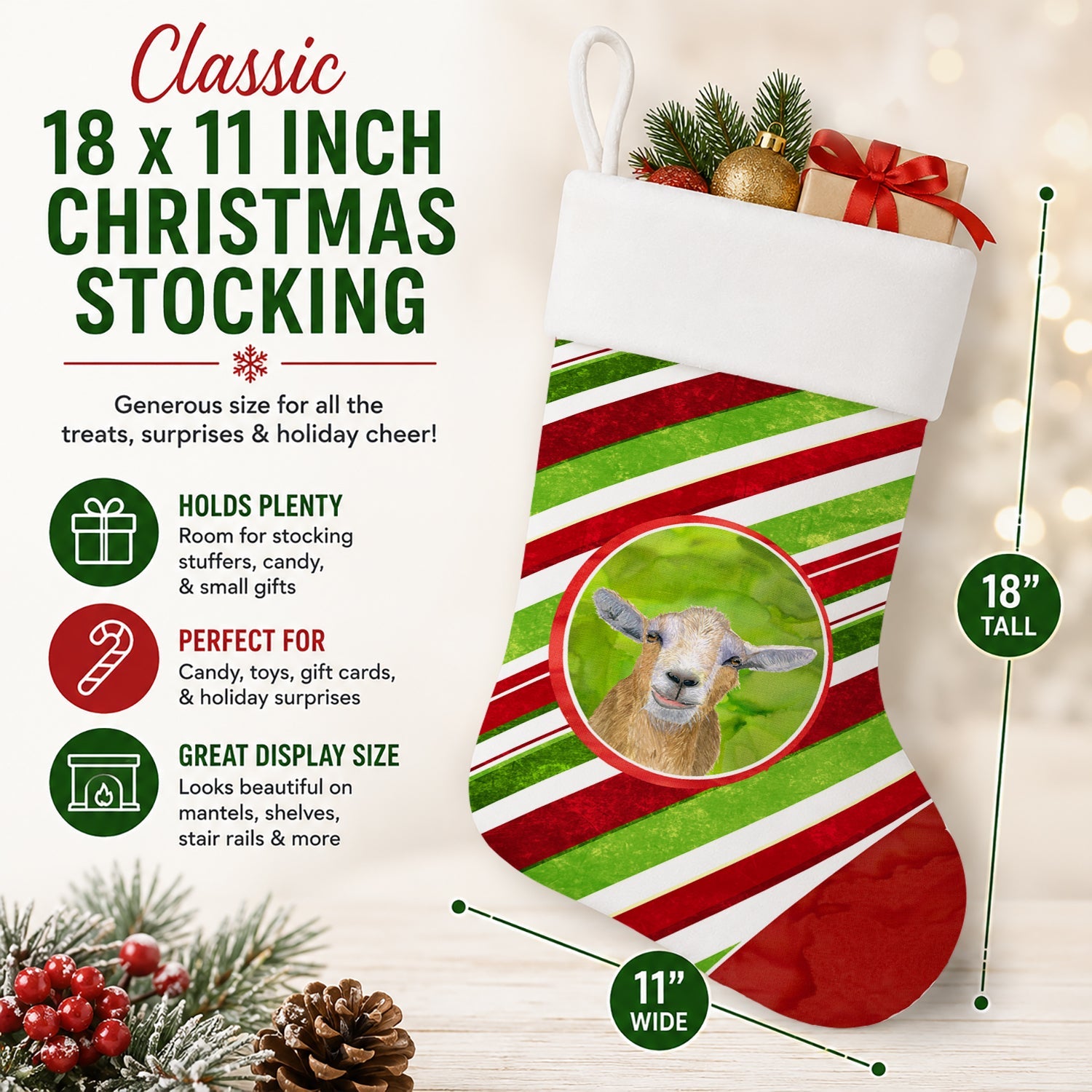 Goat Candy Cane Holiday Christmas Holiday Stocking Double-Sided Print, Polyester Suede,11x18, Made in USA