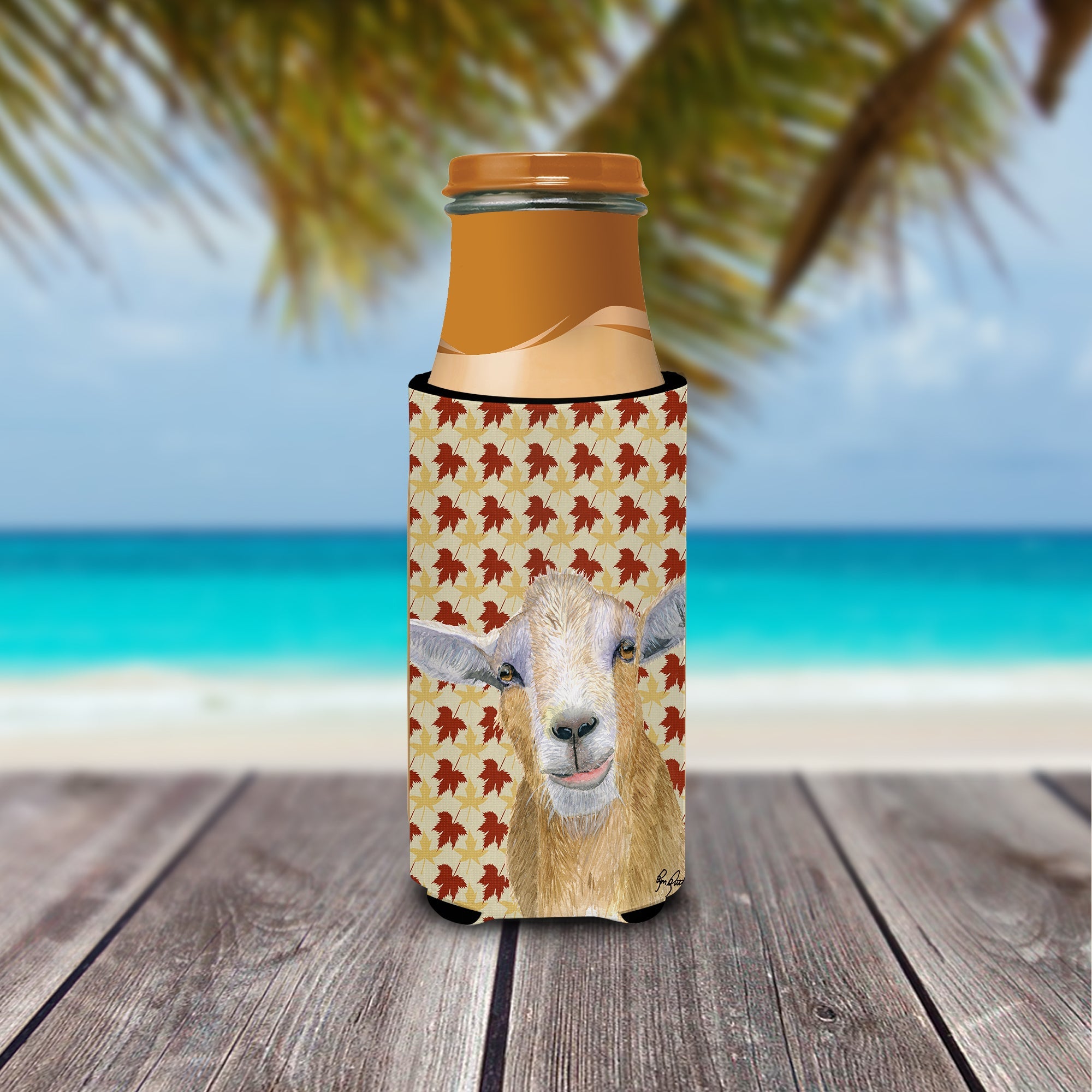 Goat Fall Leaves Slim Can Hugger , Insulated Foam Hugger for 12 oz Slim Cans, Beer Bottles & Water Bottles, Printed in USA