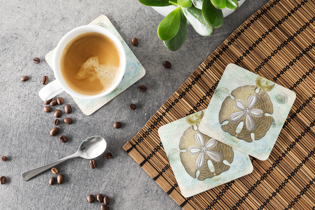 Beach Gold Sand Dollar Foam Coasters Set of 4 Cup Coasters for Indoor Outdoor, Tabletop Protection, Anti Slip, Mouse pad Material