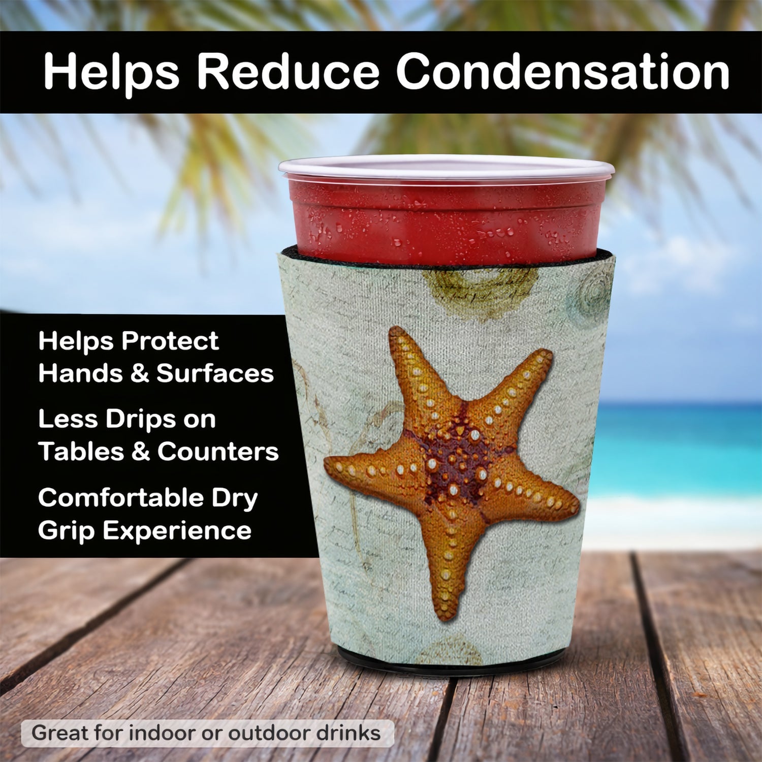Beach Knobby Sea Star Starfish Orange Red Cup Hugger Sleeve for 16–22 oz Party Cups, Insulated Foam Drink Holder for Iced Coffee, Tailgate & BBQ Reusable