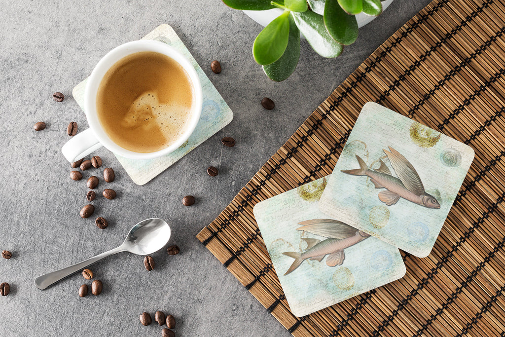 Beach Fly Fish Foam Coasters Set of 4 Cup Coasters for Indoor Outdoor, Tabletop Protection, Anti Slip, Mouse pad Material