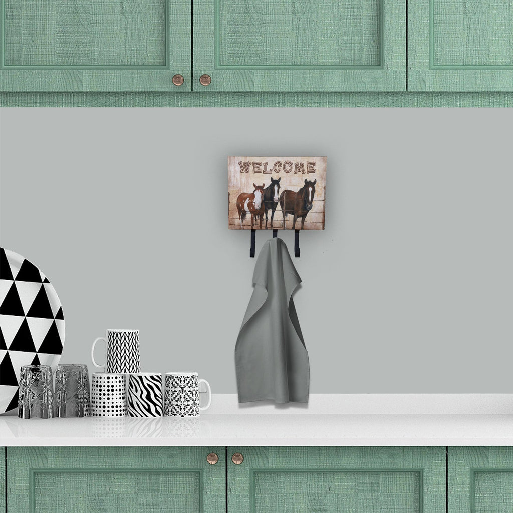 Welcome Mat with Horses Leash or Key Holder Wall Hooks, Coat Rack Wall Mount, for Hanging Keys, Towels, Aprons, Leashes