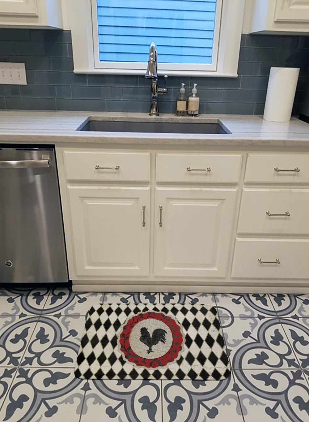 Rooster Harlequin Black and white Memory Foam Kitchen Mat Machine Washable Anti-Fatigue Cushion Comfort Bath or Kitchen Rug