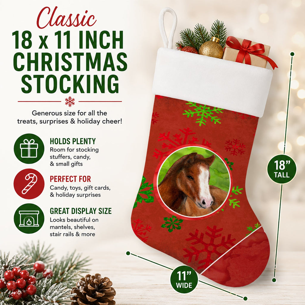 Horse Foal Red Snowflakes Holiday Christmas  Holiday Stocking Double-Sided Print, Polyester Suede,11x18, Made in USA